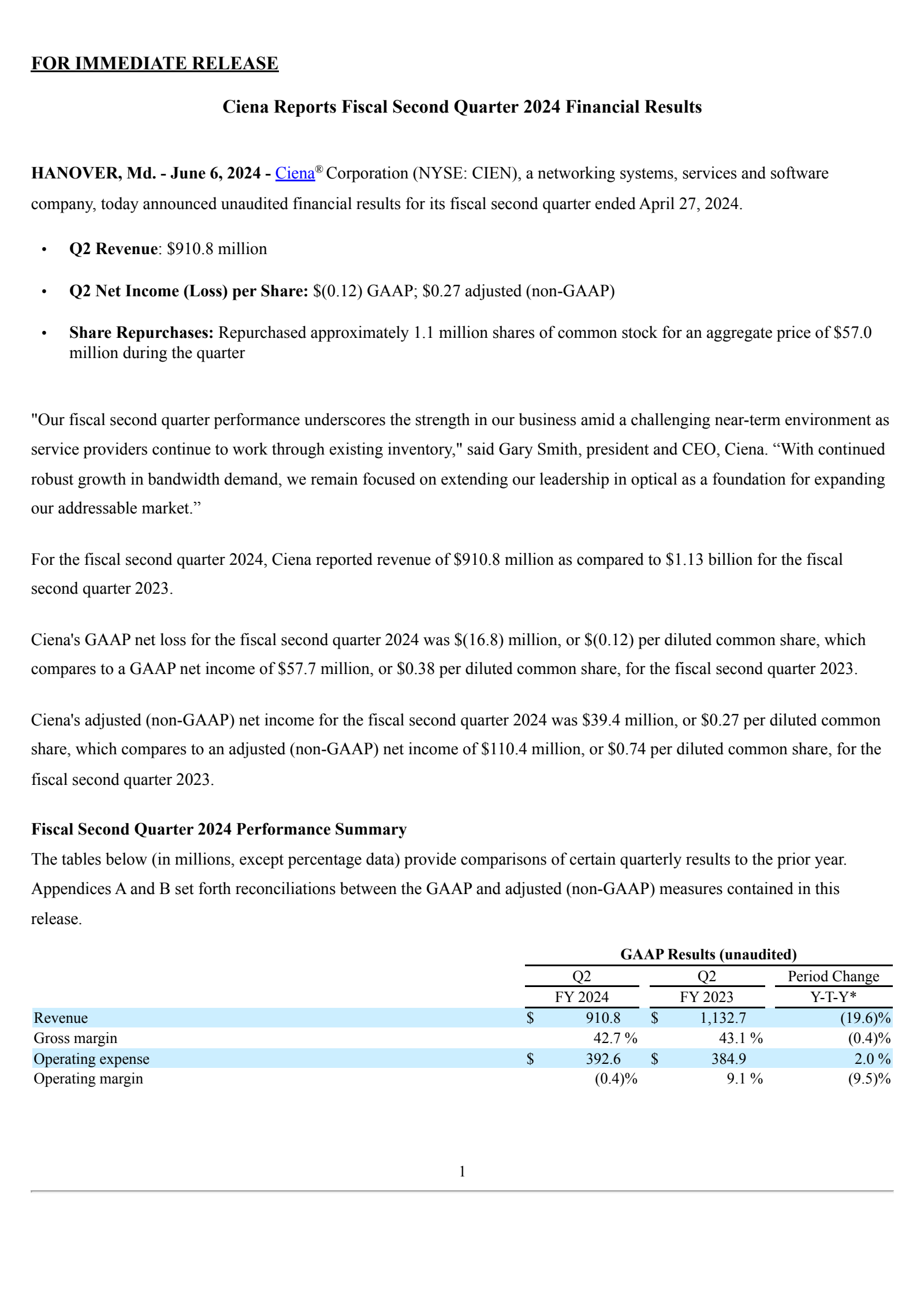 Ciena's Q2 2024 Press Release