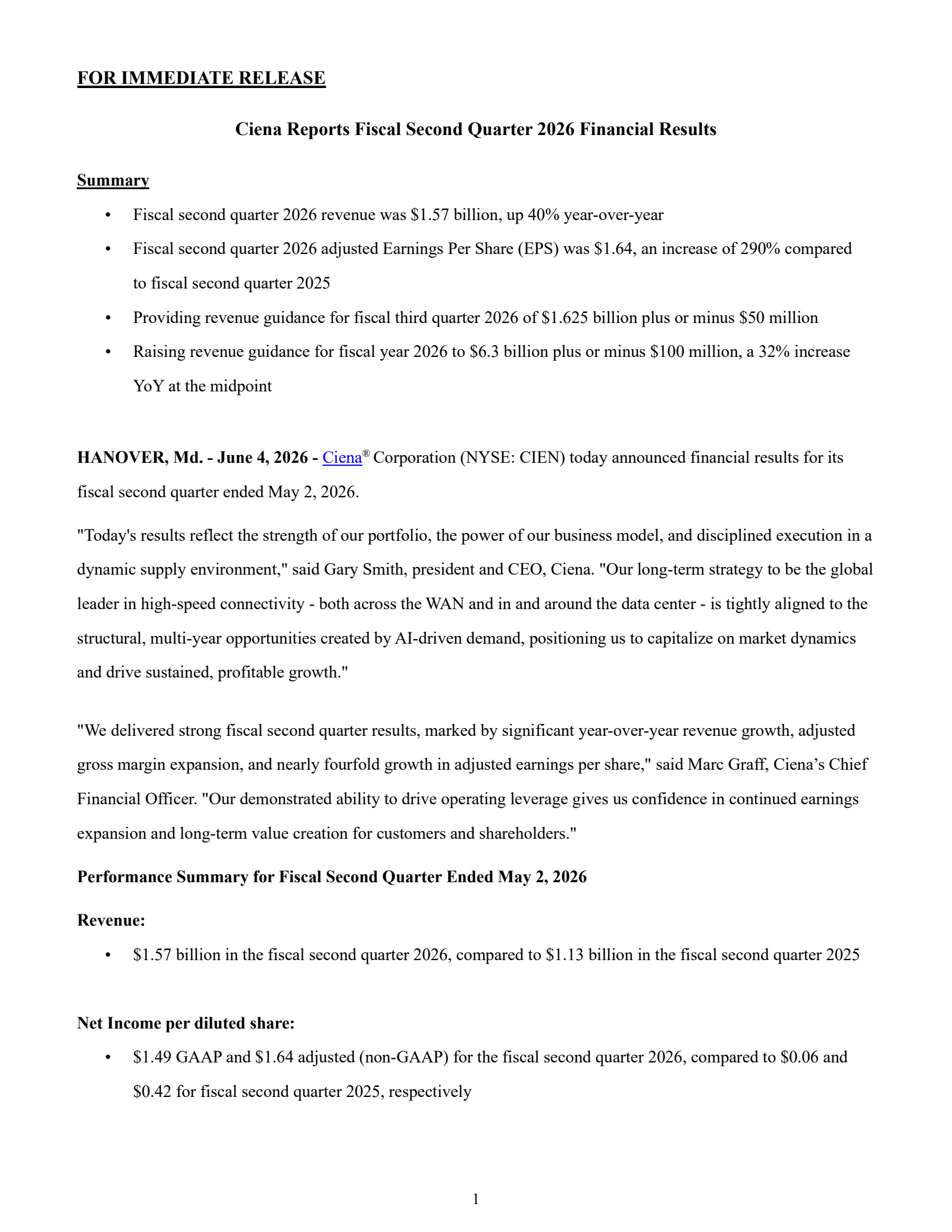Ciena's Q2 2026 Press Release