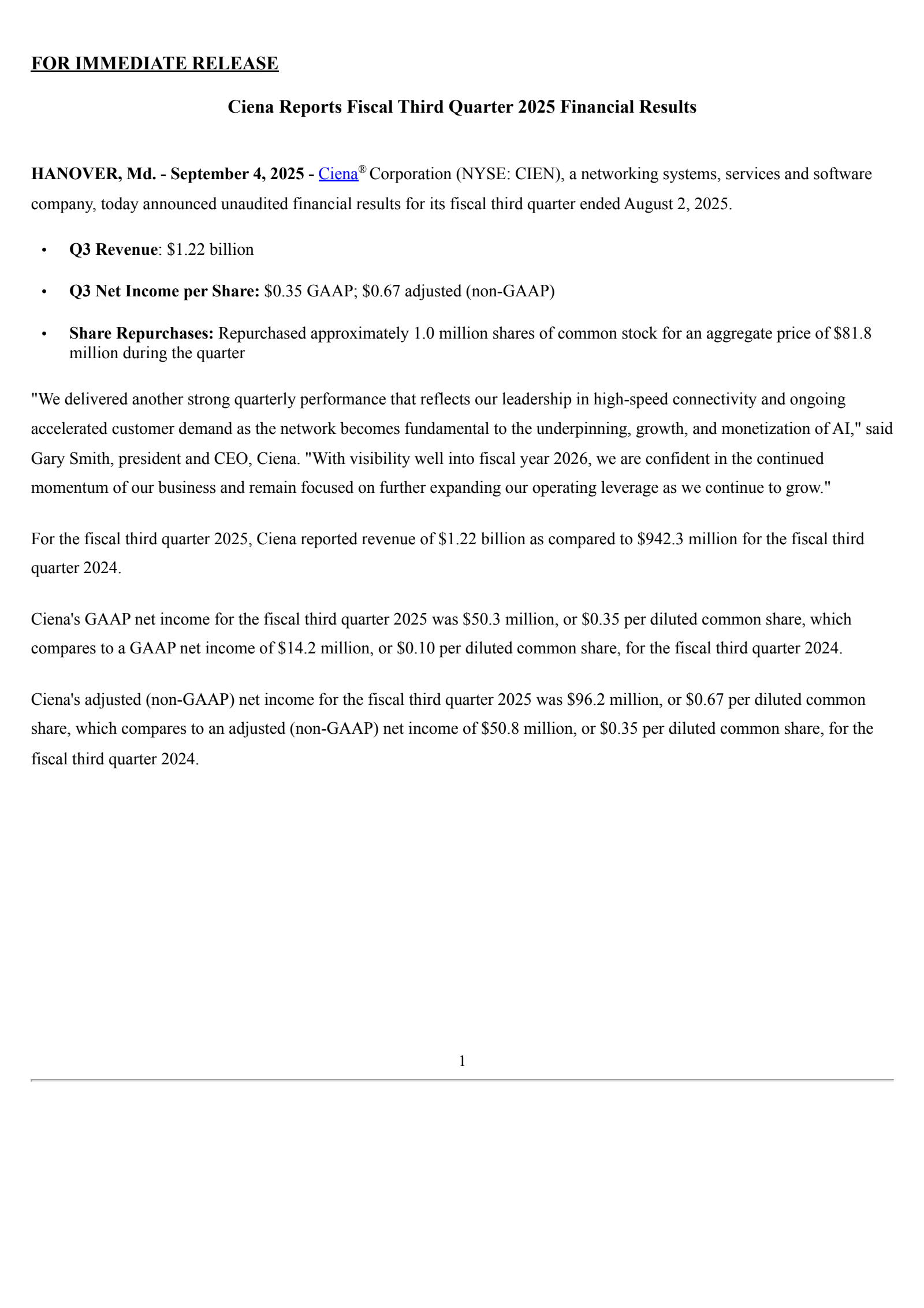 Ciena's Q3 2025 Press Release