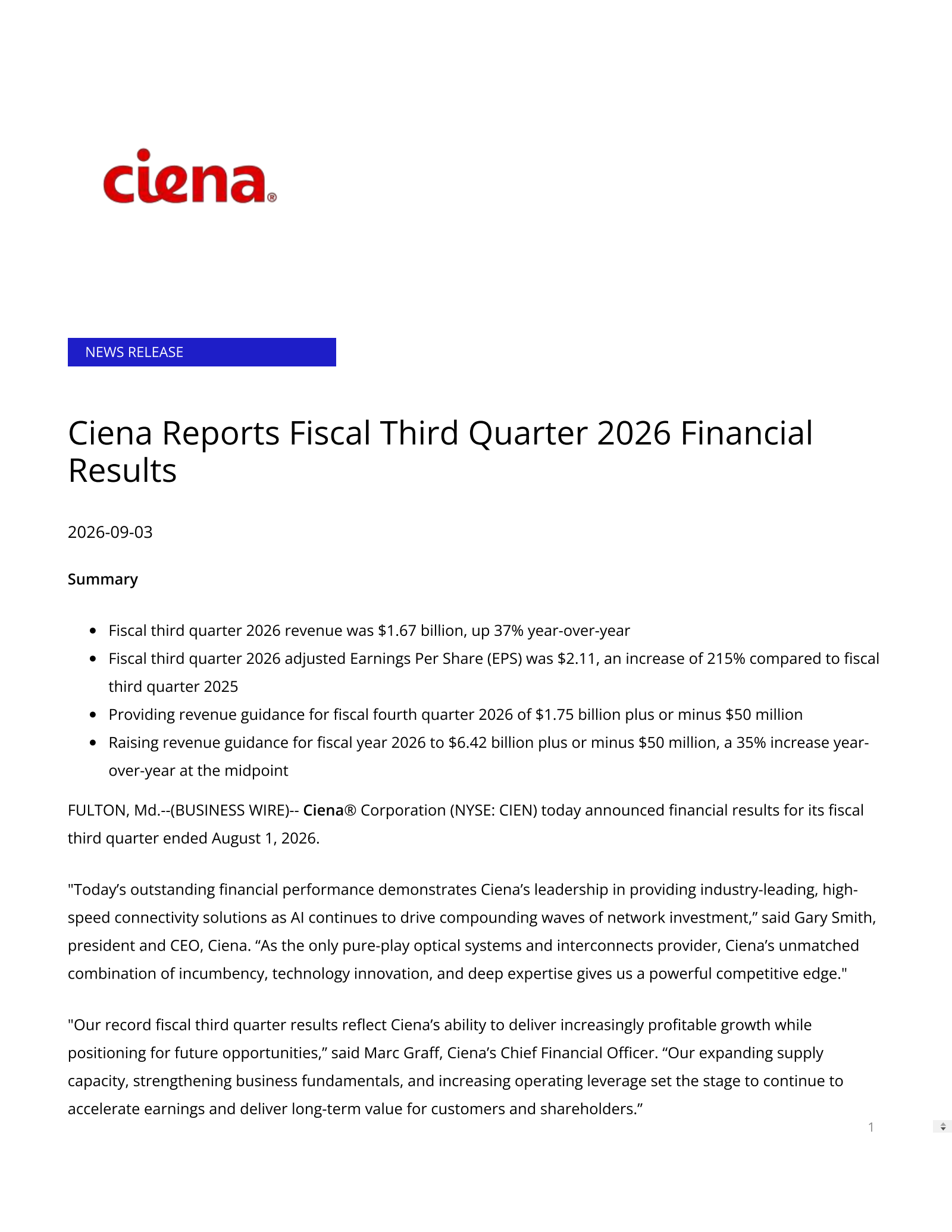 Ciena's Q3 2026 Press Release