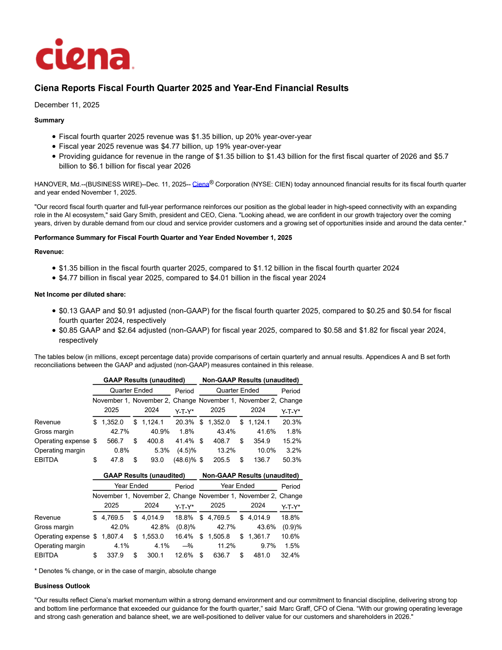 Ciena's Q4 2025 Earnings Release
