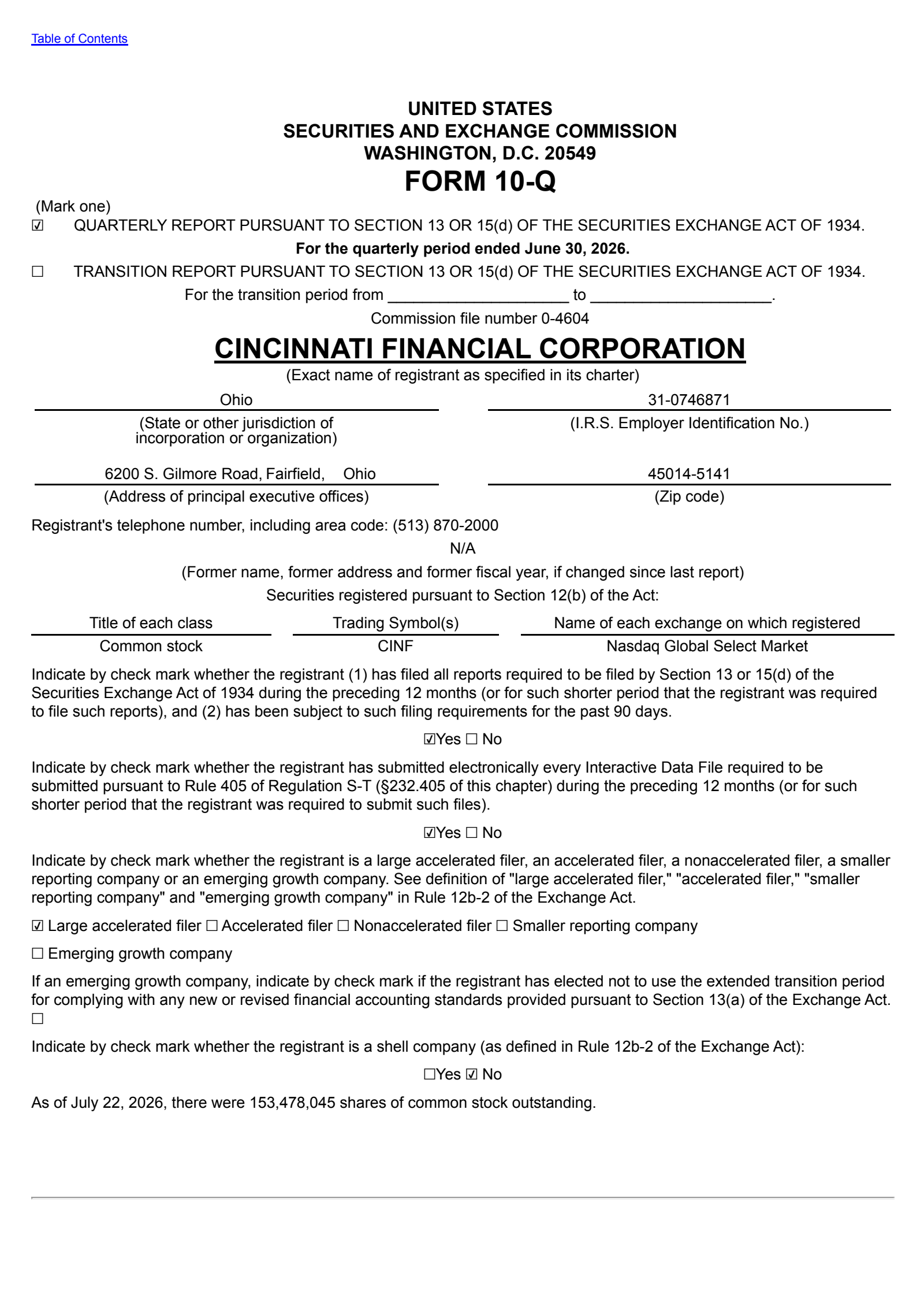 Cincinnati Financial's Q2 2026 Quarterly report