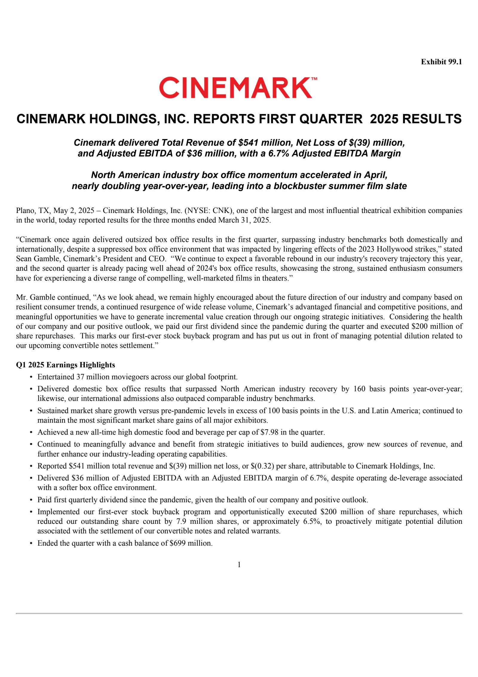 Cinemark's Q1 2025 Press Release