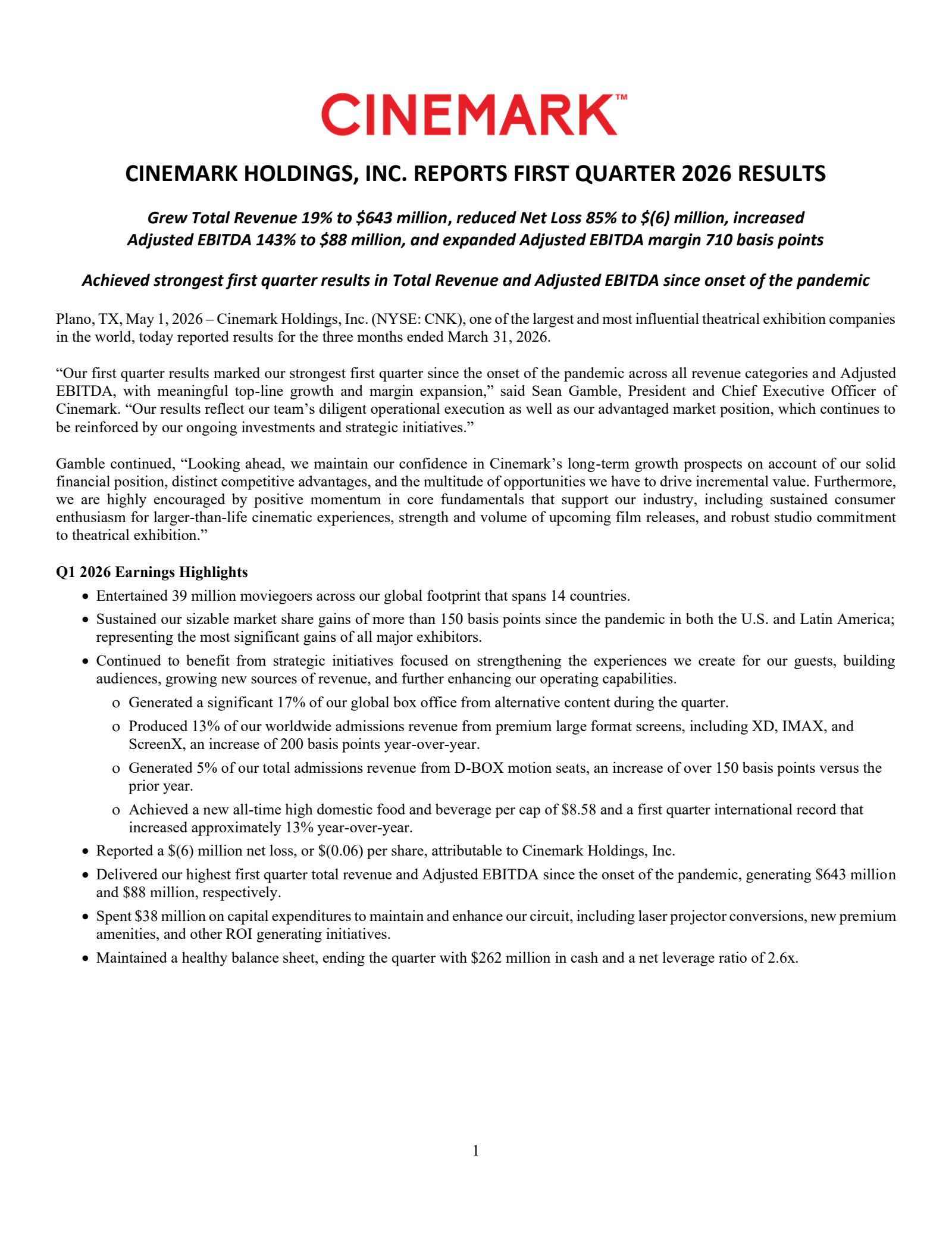 Cinemark's Q1 2026 Press Release