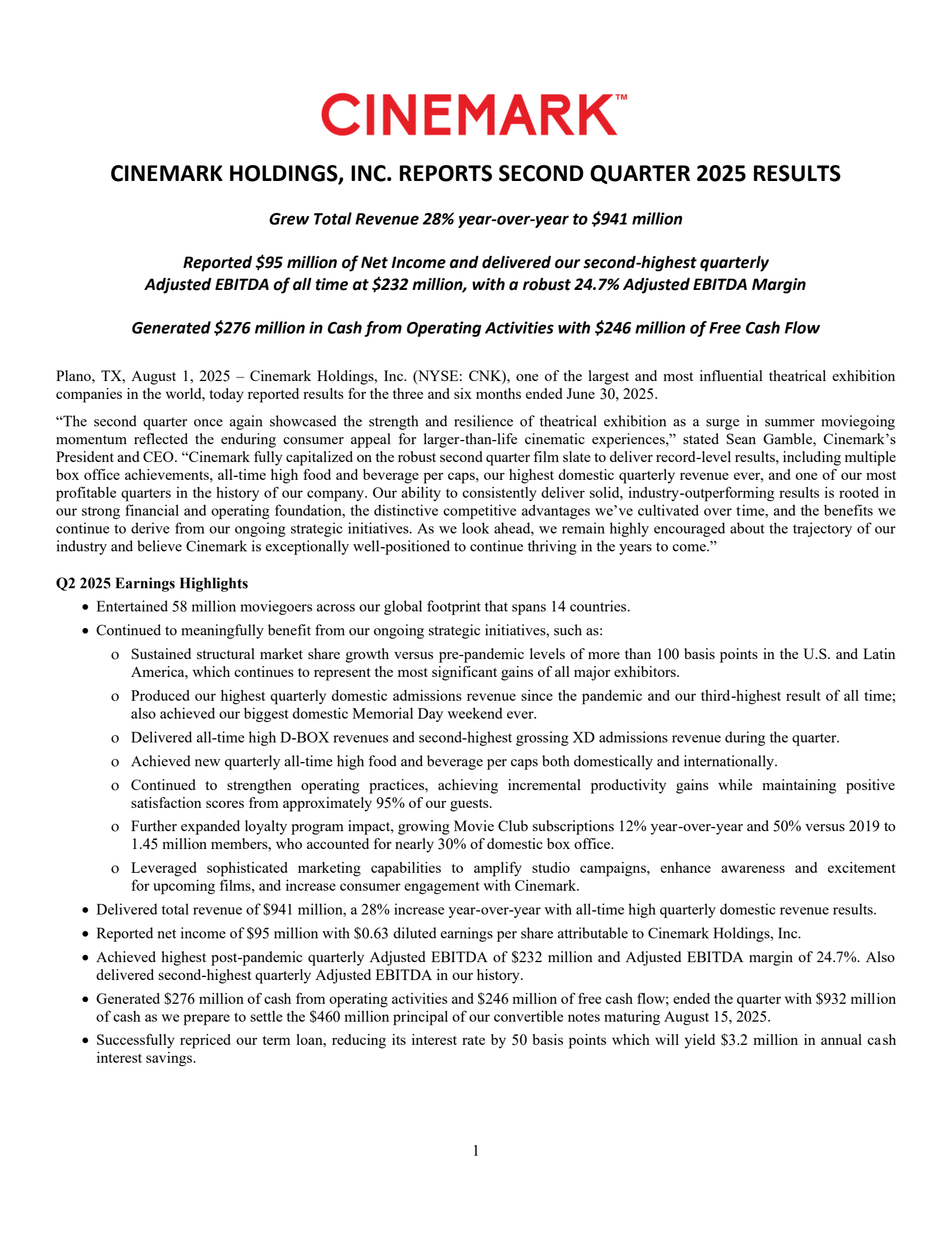 Cinemark's Q2 2025 Press Release