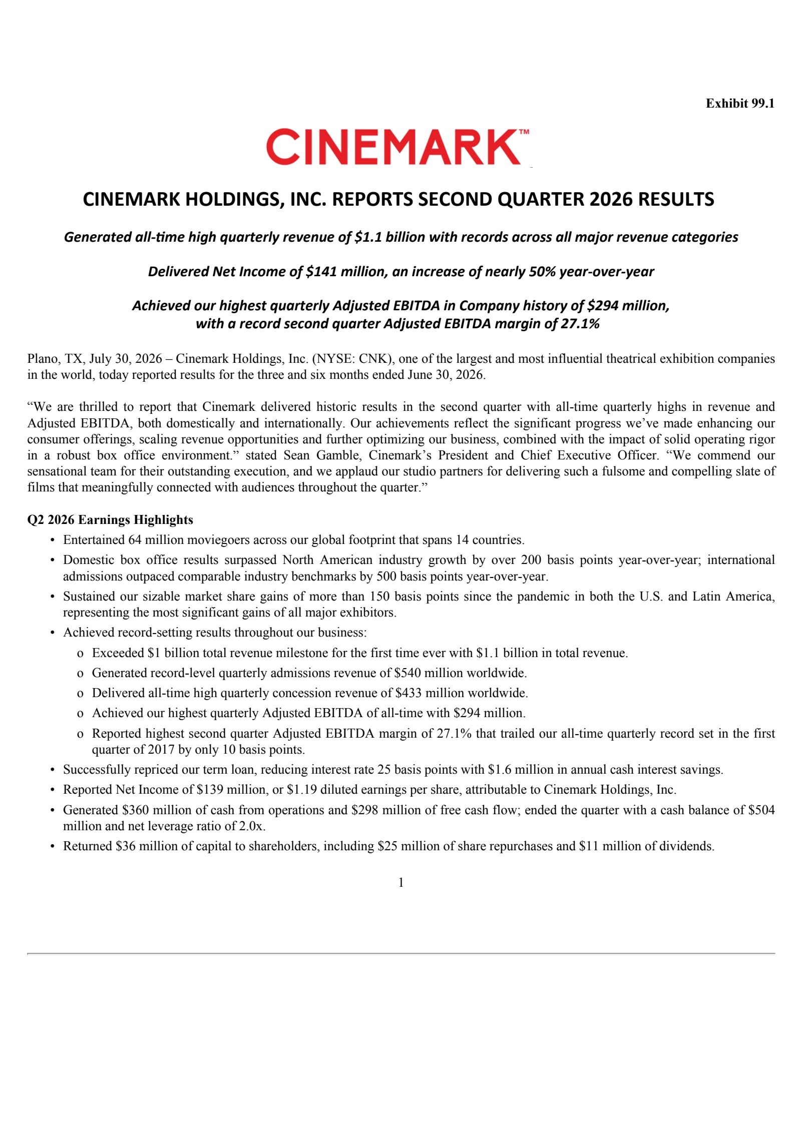 Cinemark's Q2 2026 Press Release