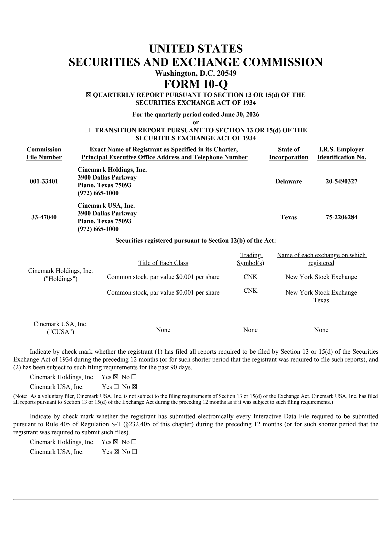 Cinemark's Q2 2026 Quarterly report