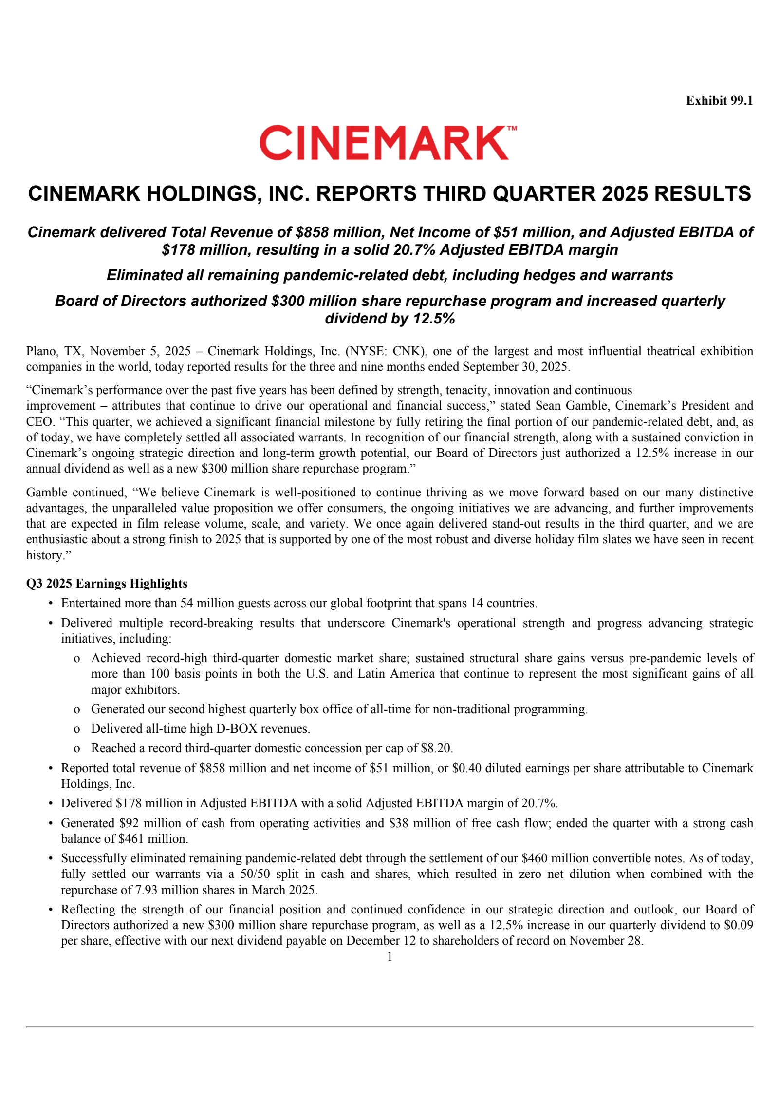 Cinemark's Q3 2025 Earnings Release