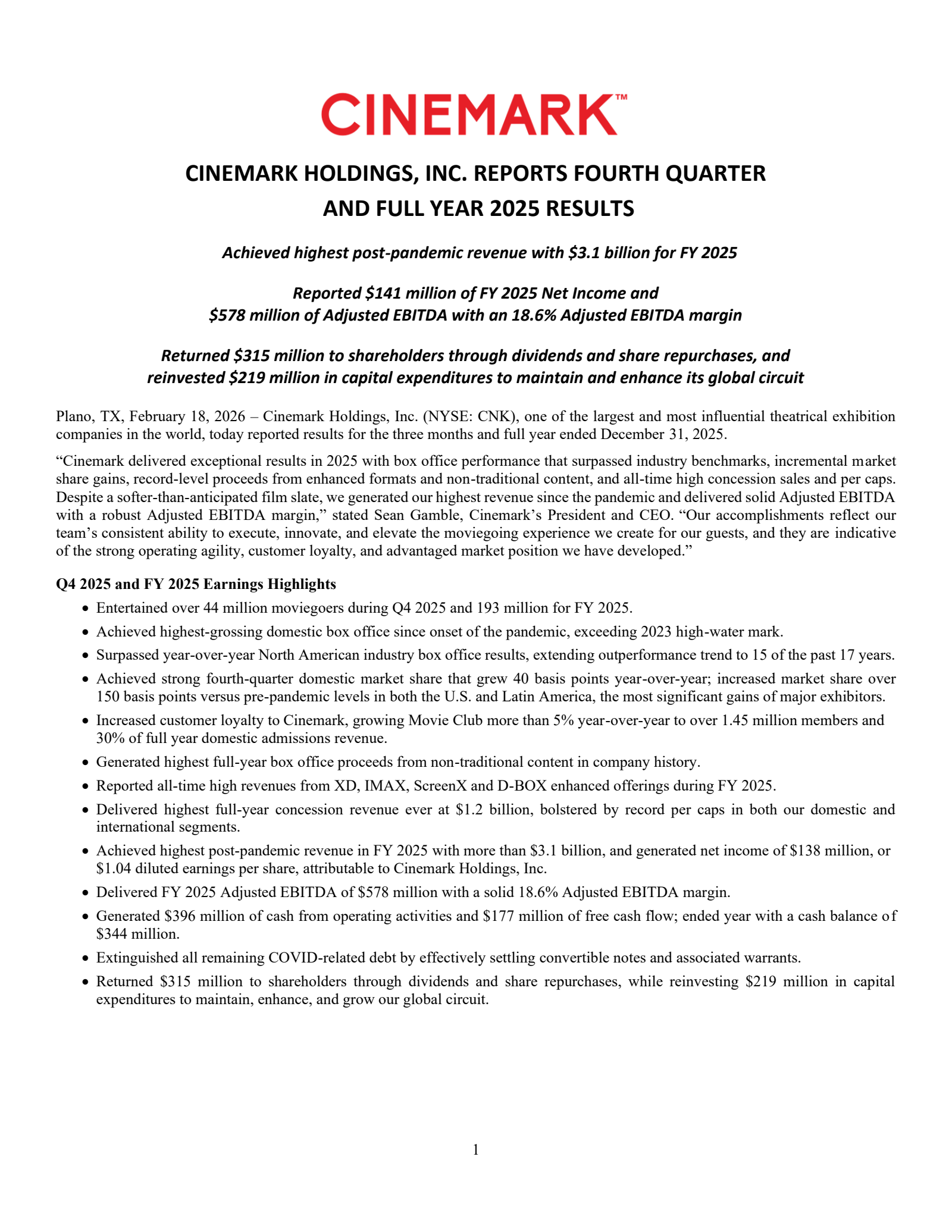 Cinemark's Q4 2025 Press Release
