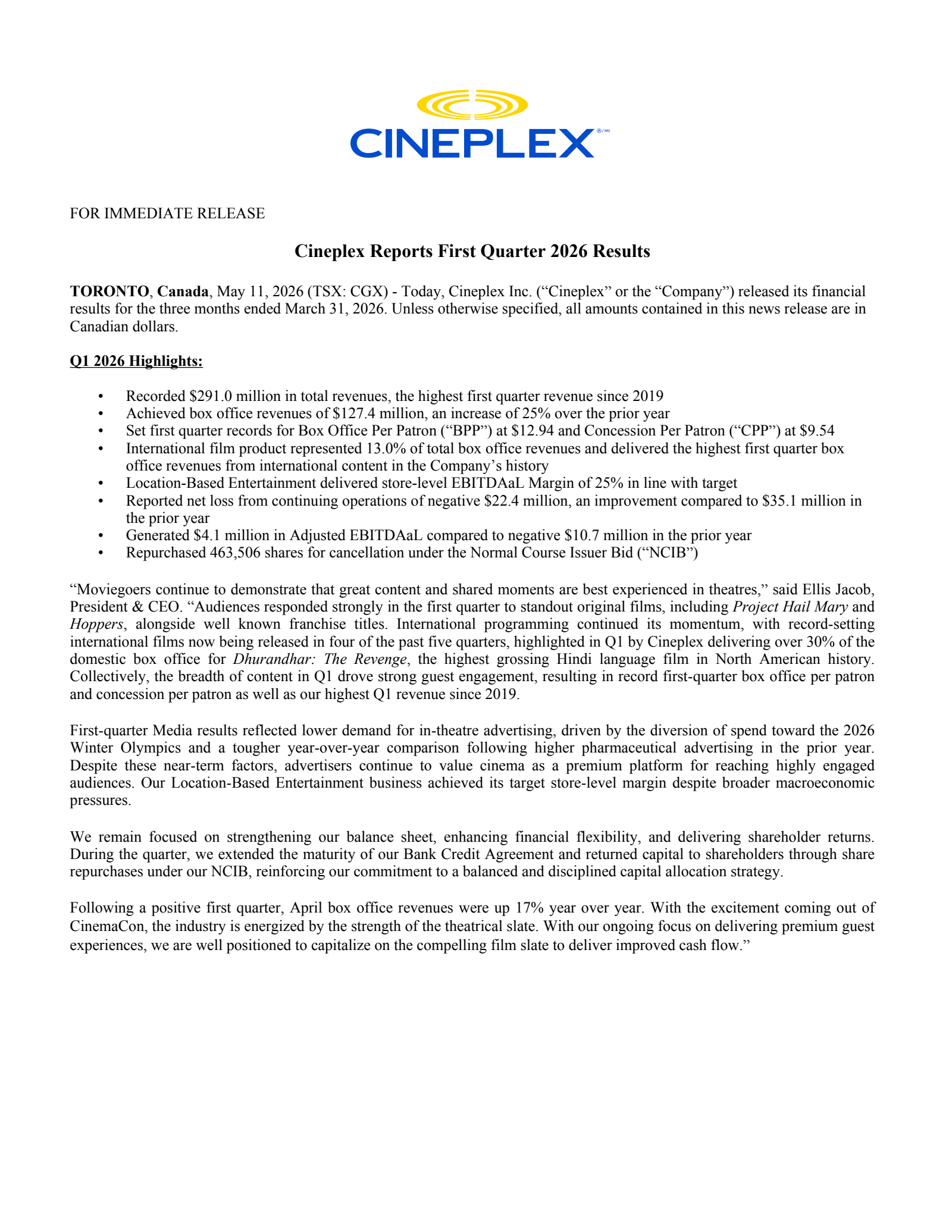 Cineplex's Q1 2026 Press Release