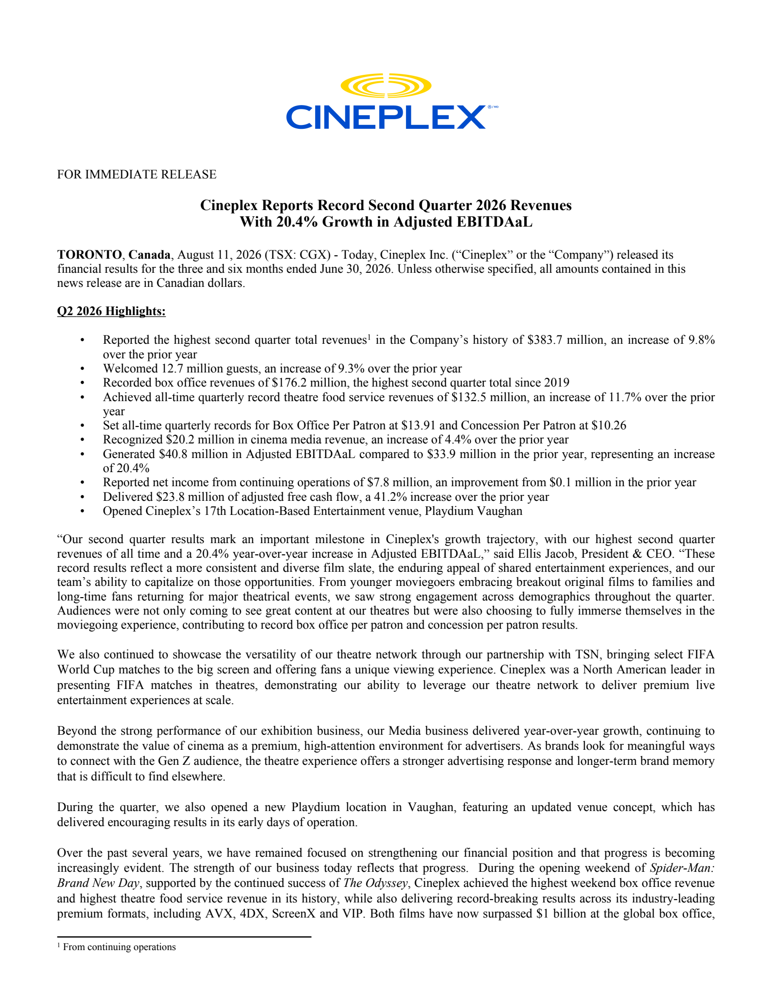 Cineplex's Q2 2026 Press Release
