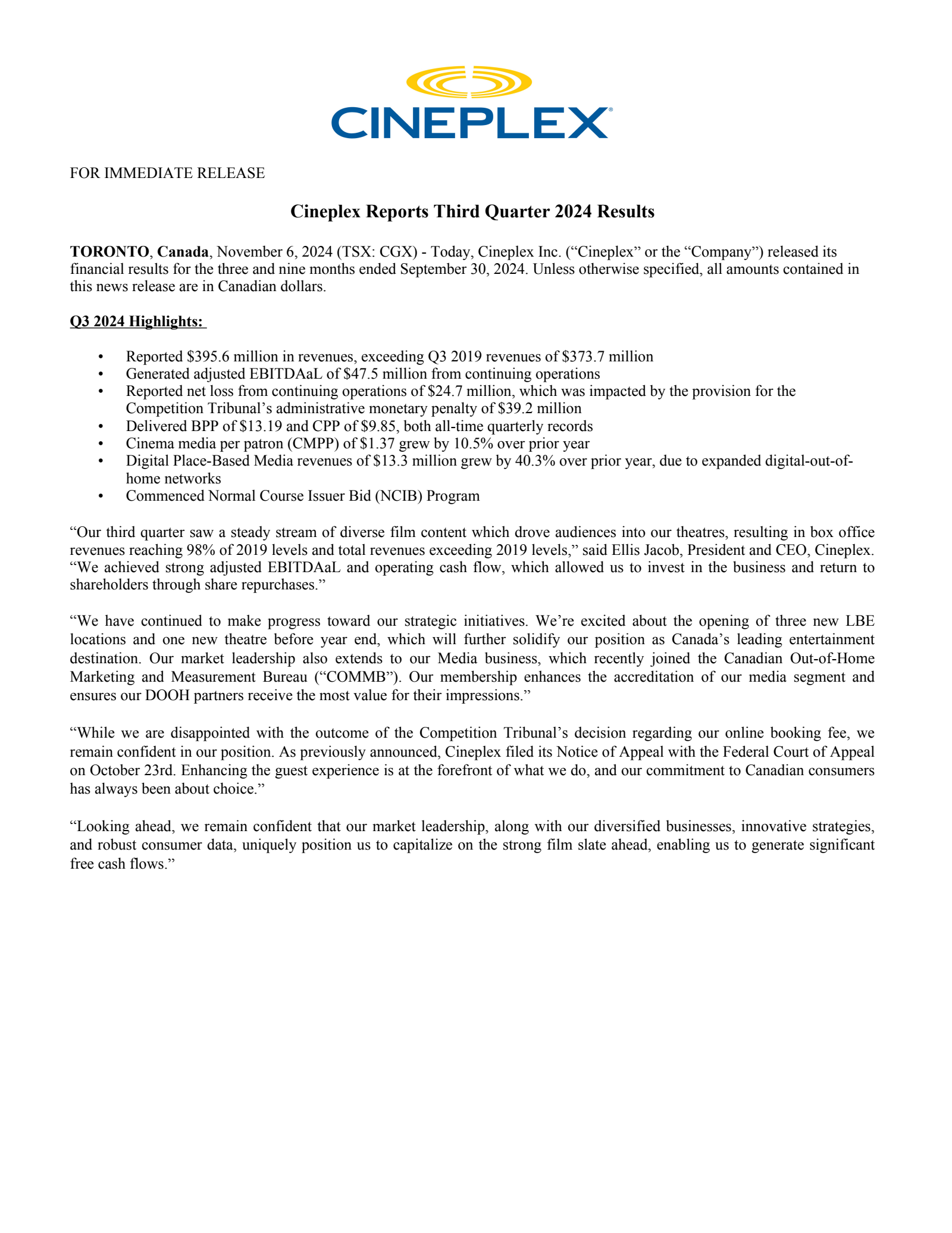 Cineplex's Q3 2024 Press Release