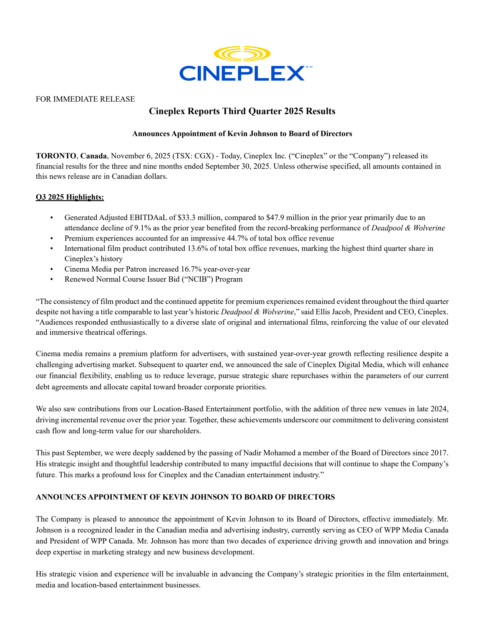 Cineplex's Q3 2025 Earnings Release