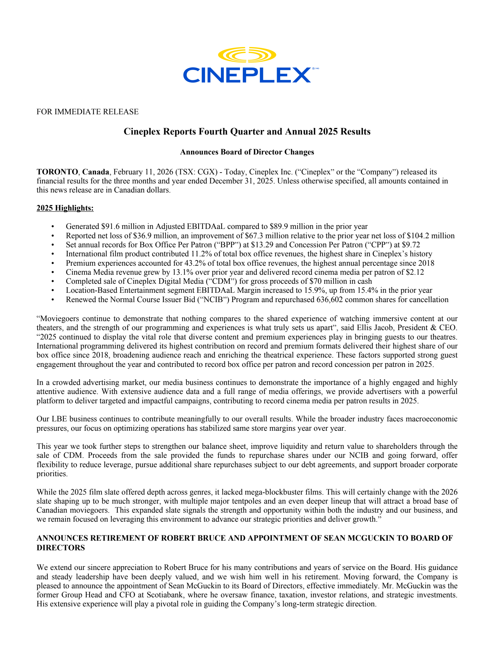 Cineplex's Q4 2025 Press Release