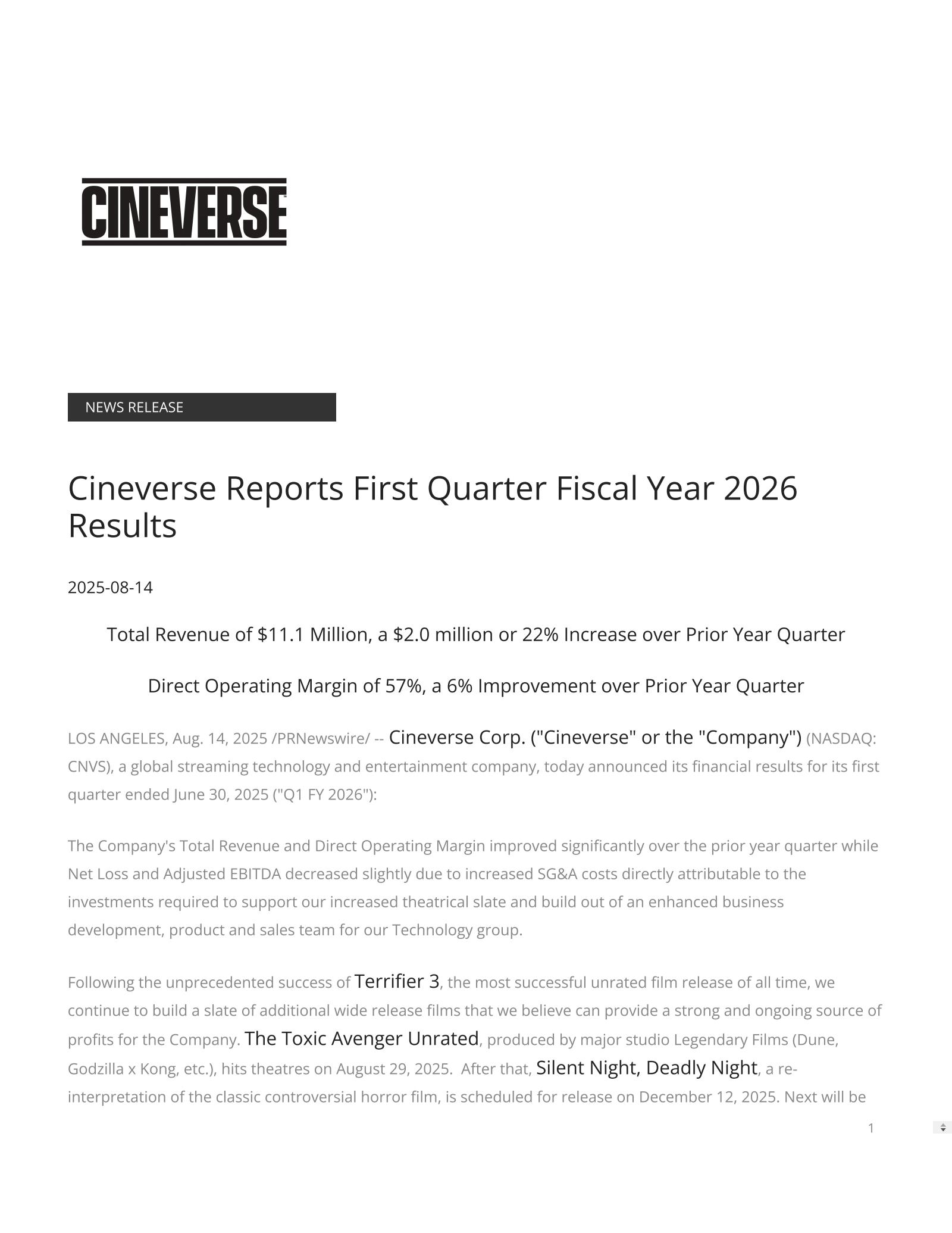 Cineverse's Q1 2026 Press Release