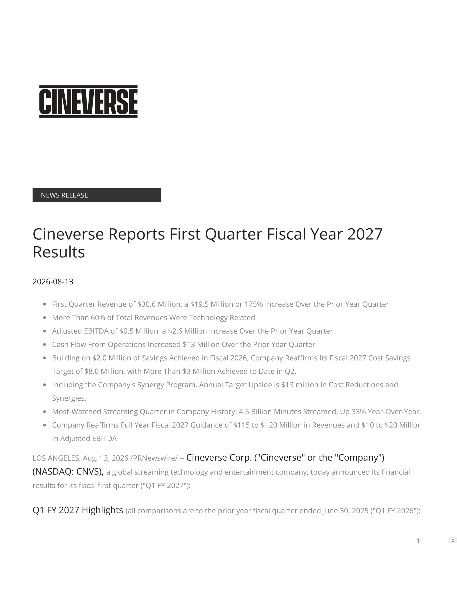 Cineverse's Q1 2027 Press Release