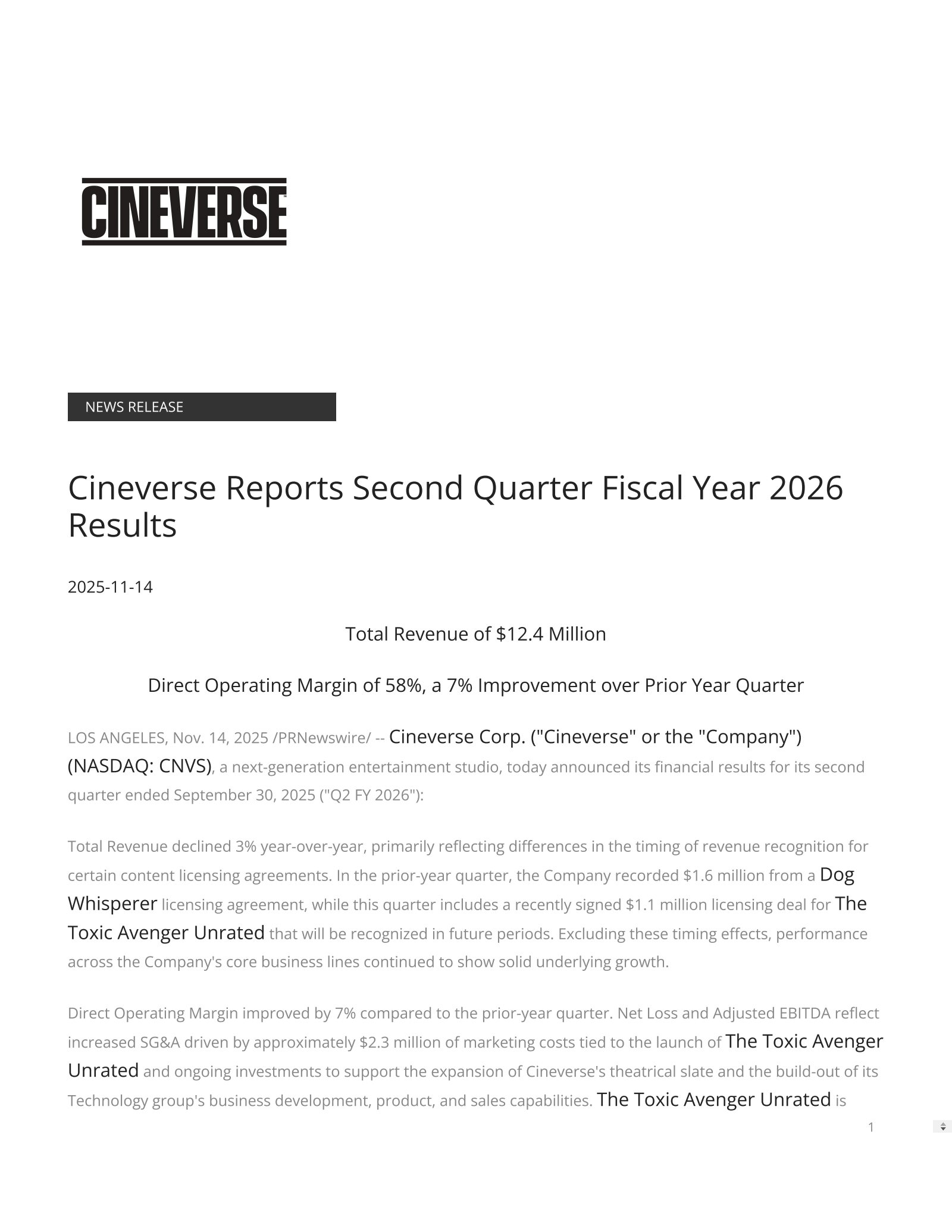 Cineverse's Q2 2026 Earnings Release