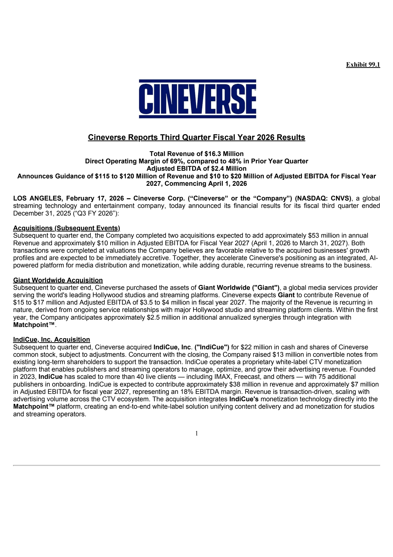 Cineverse's Q3 2026 Press Release