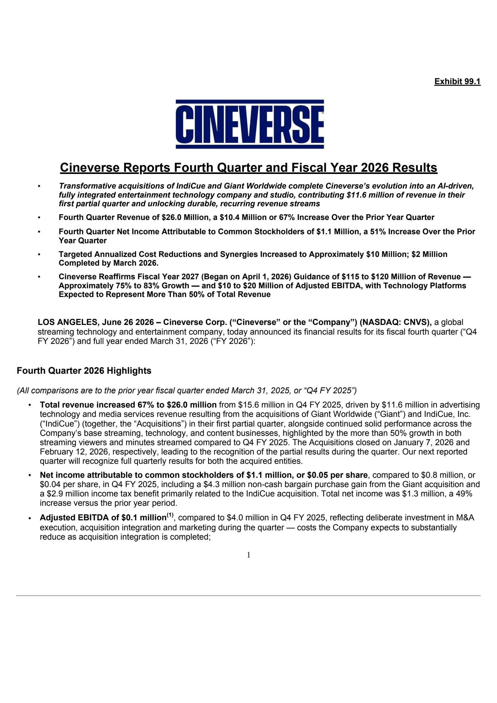 Cineverse's Q4 2026 Press Release