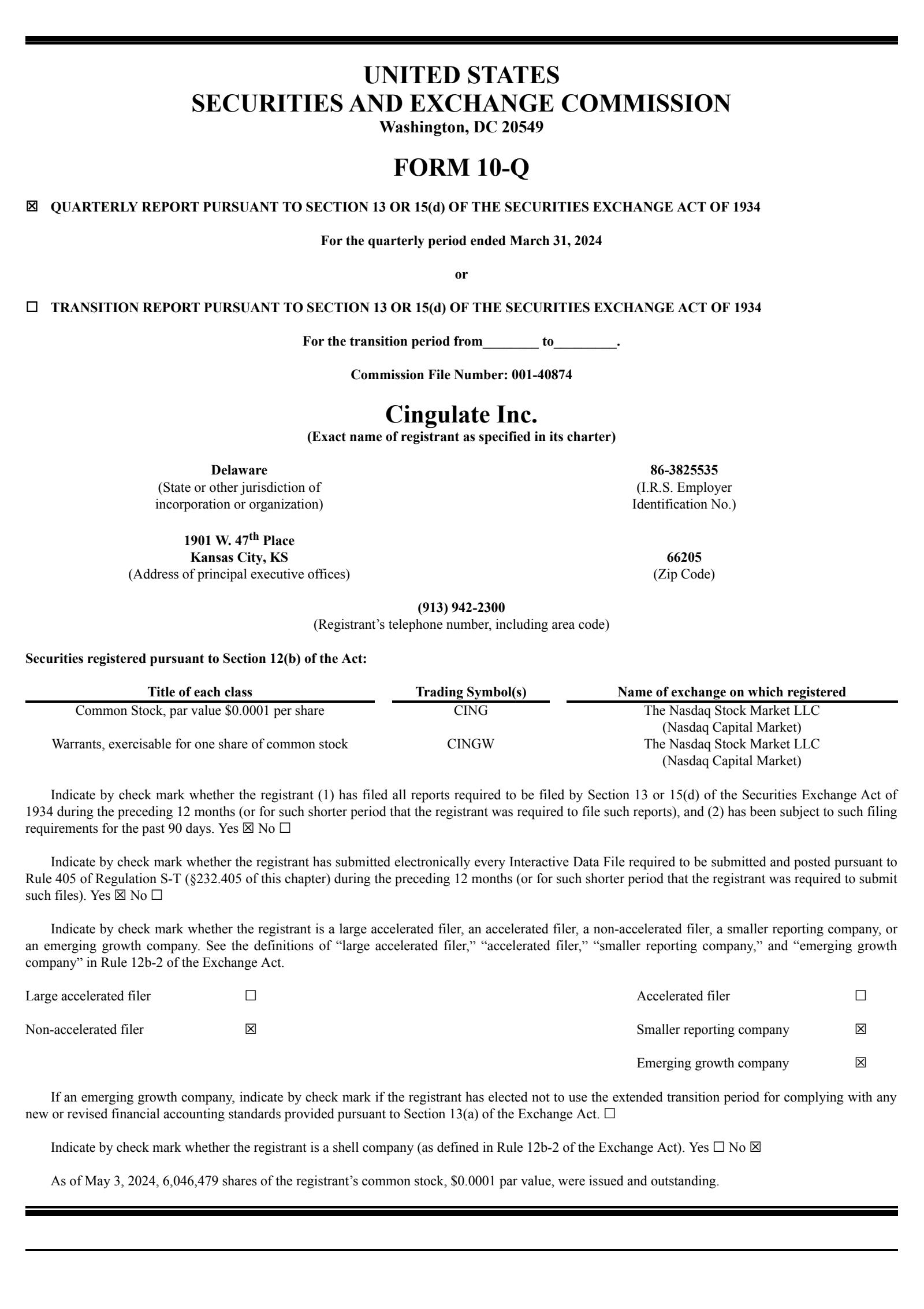 Cingulate's Q1 2024 Quarterly Report