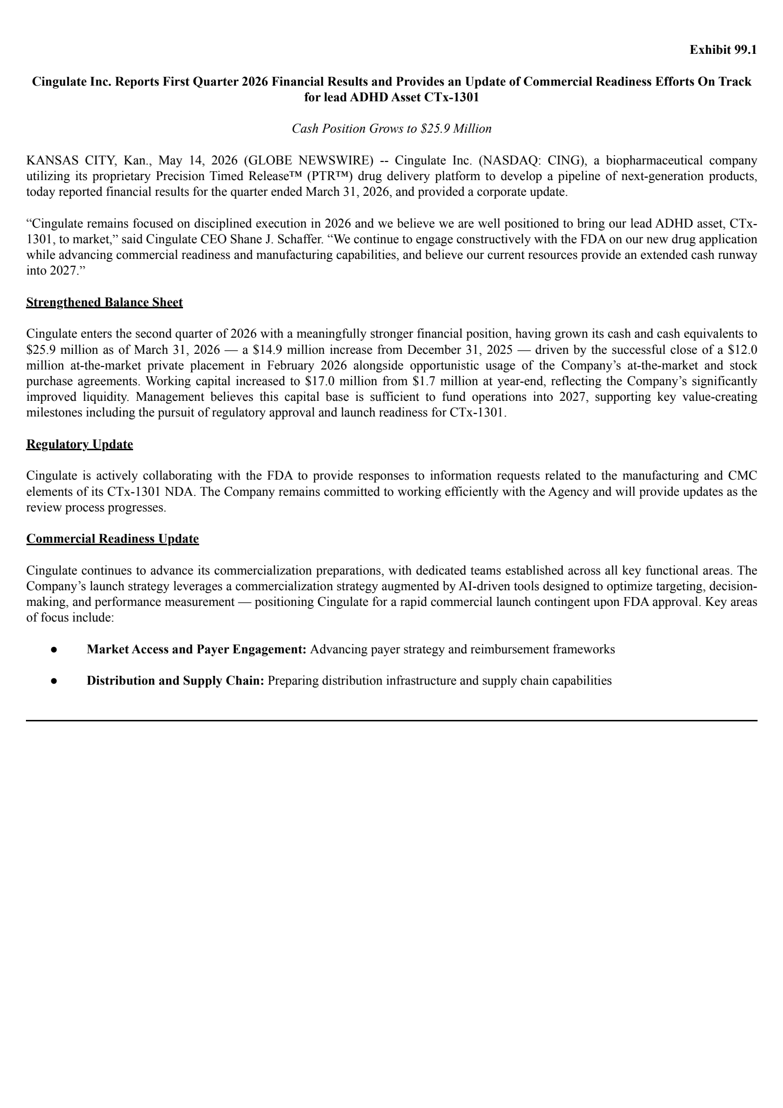 Cingulate's Q1 2026 Press Release