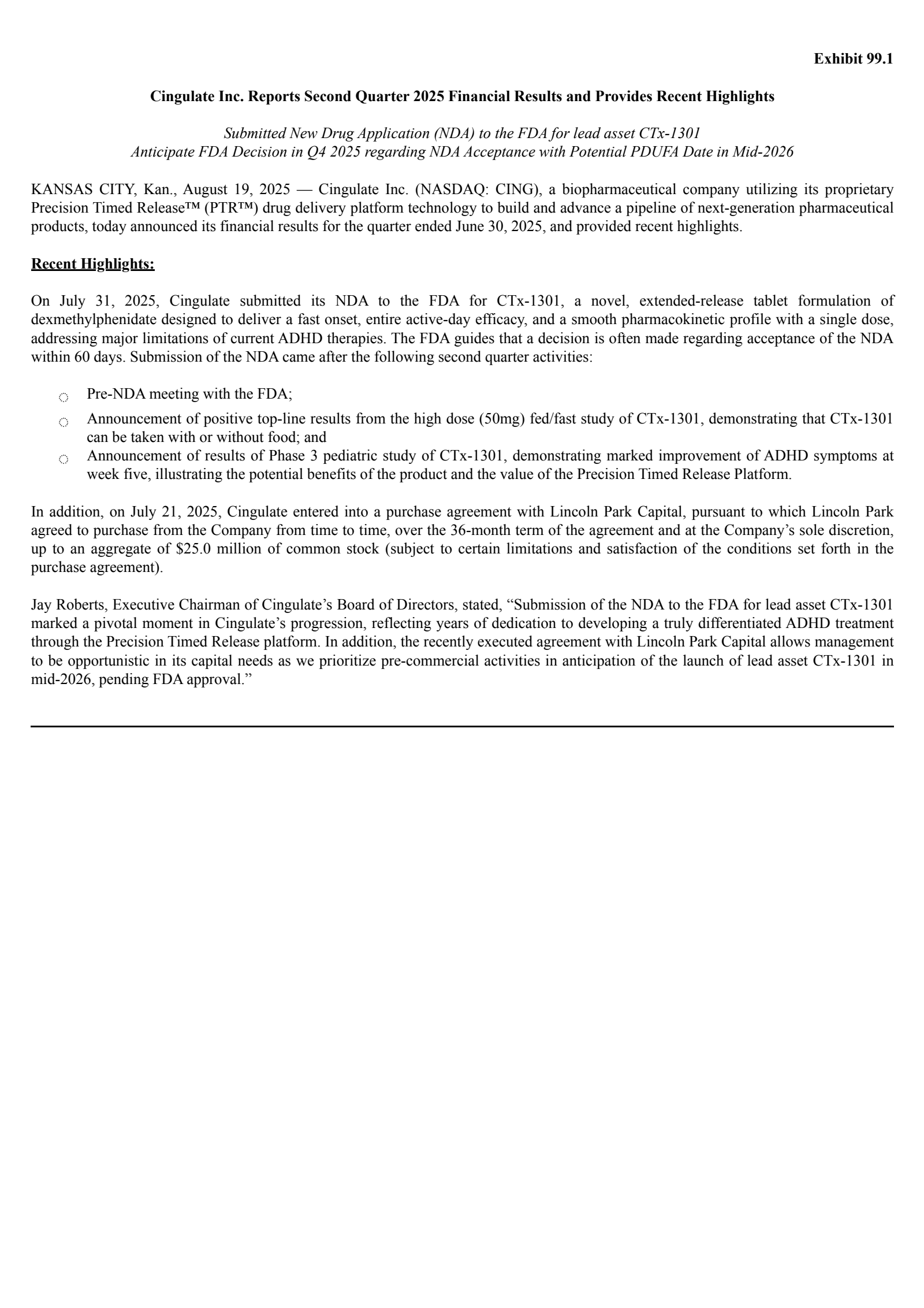 Cingulate's Q2 2025 Press Release
