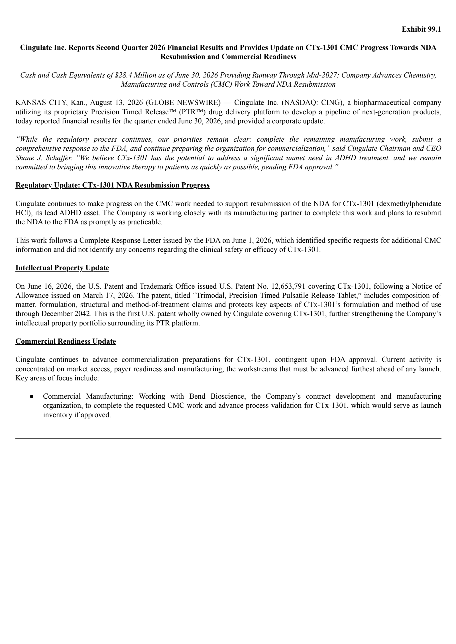 Cingulate's Q2 2026 Press Release
