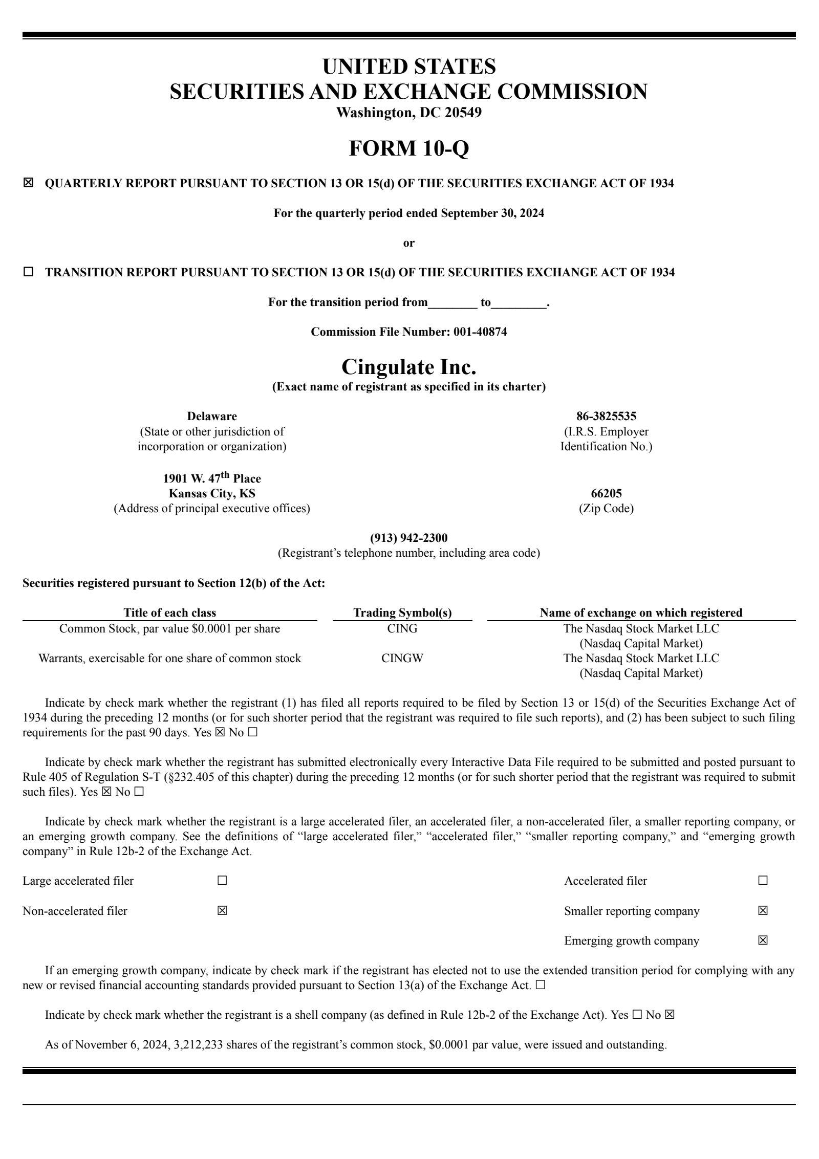 Cingulate's Q3 2024 Quarterly Report