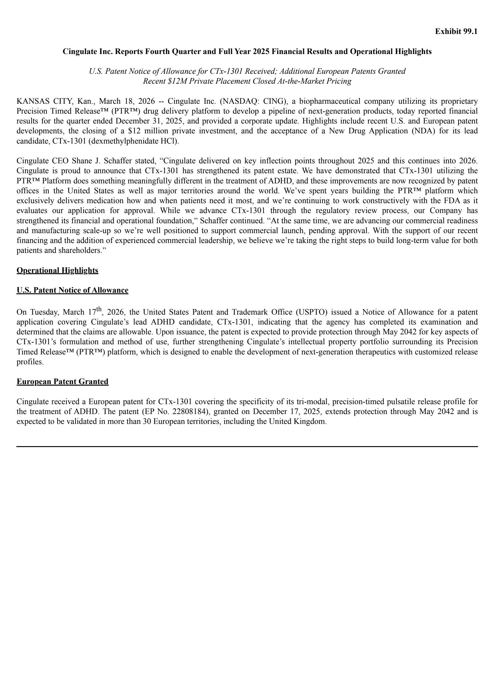 Cingulate's Q4 2025 Press Release