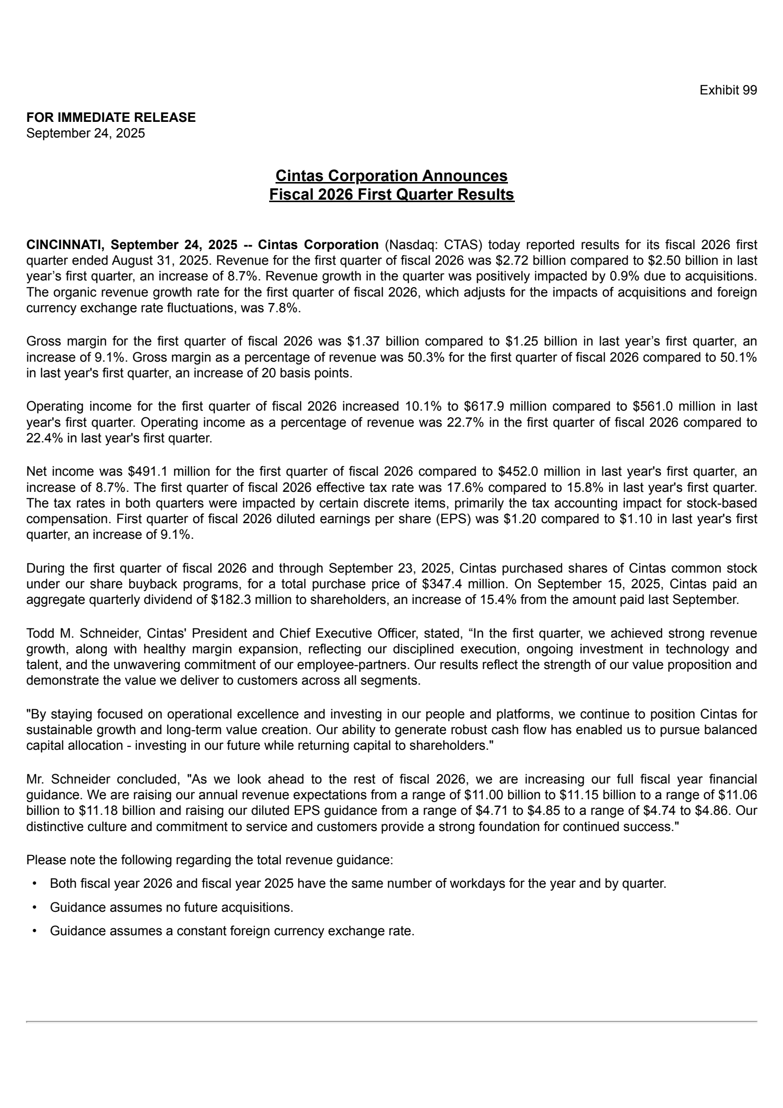 Cintas' Q1 2026 Earnings Release