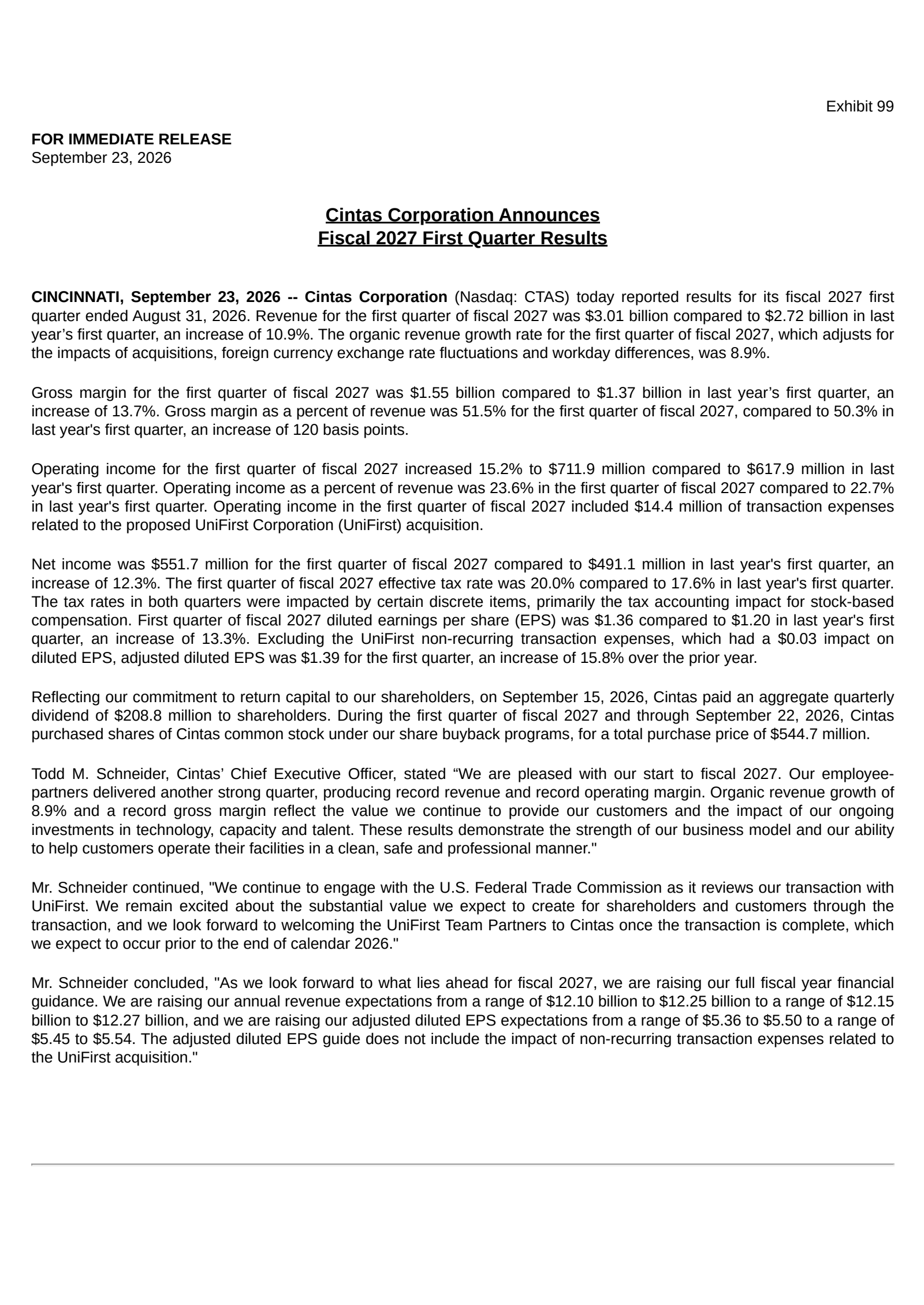 Cintas' Q1 2027 Press Release