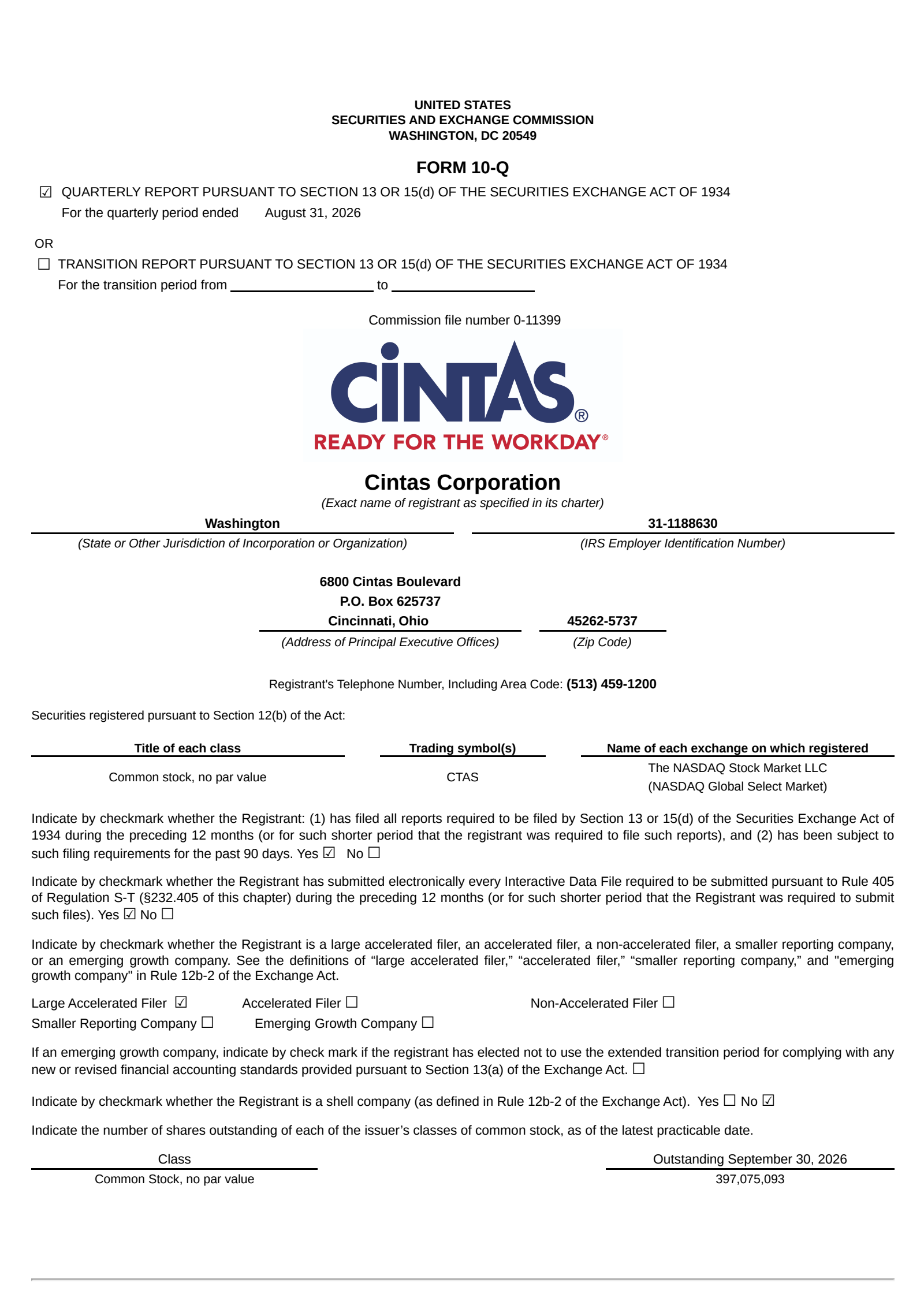 Cintas' Q1 2027 Quarterly report