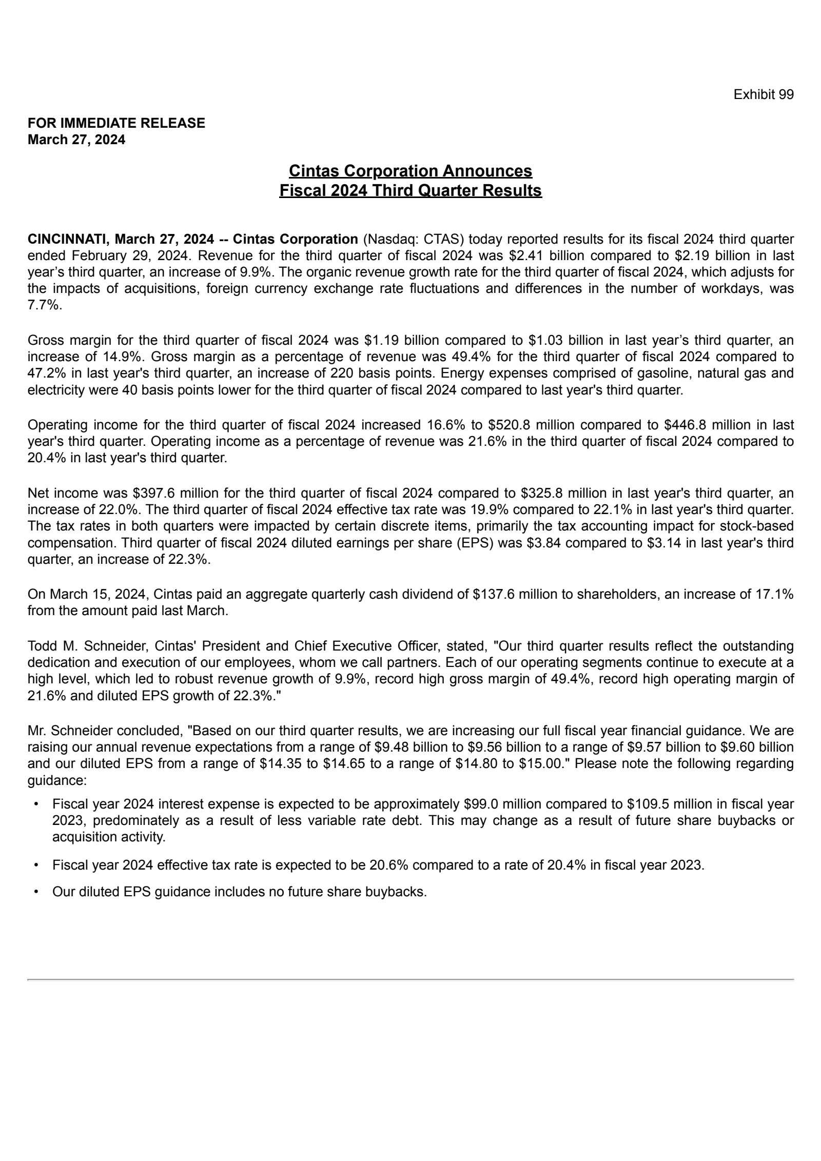 Cintas' Q3 2024 Press Release