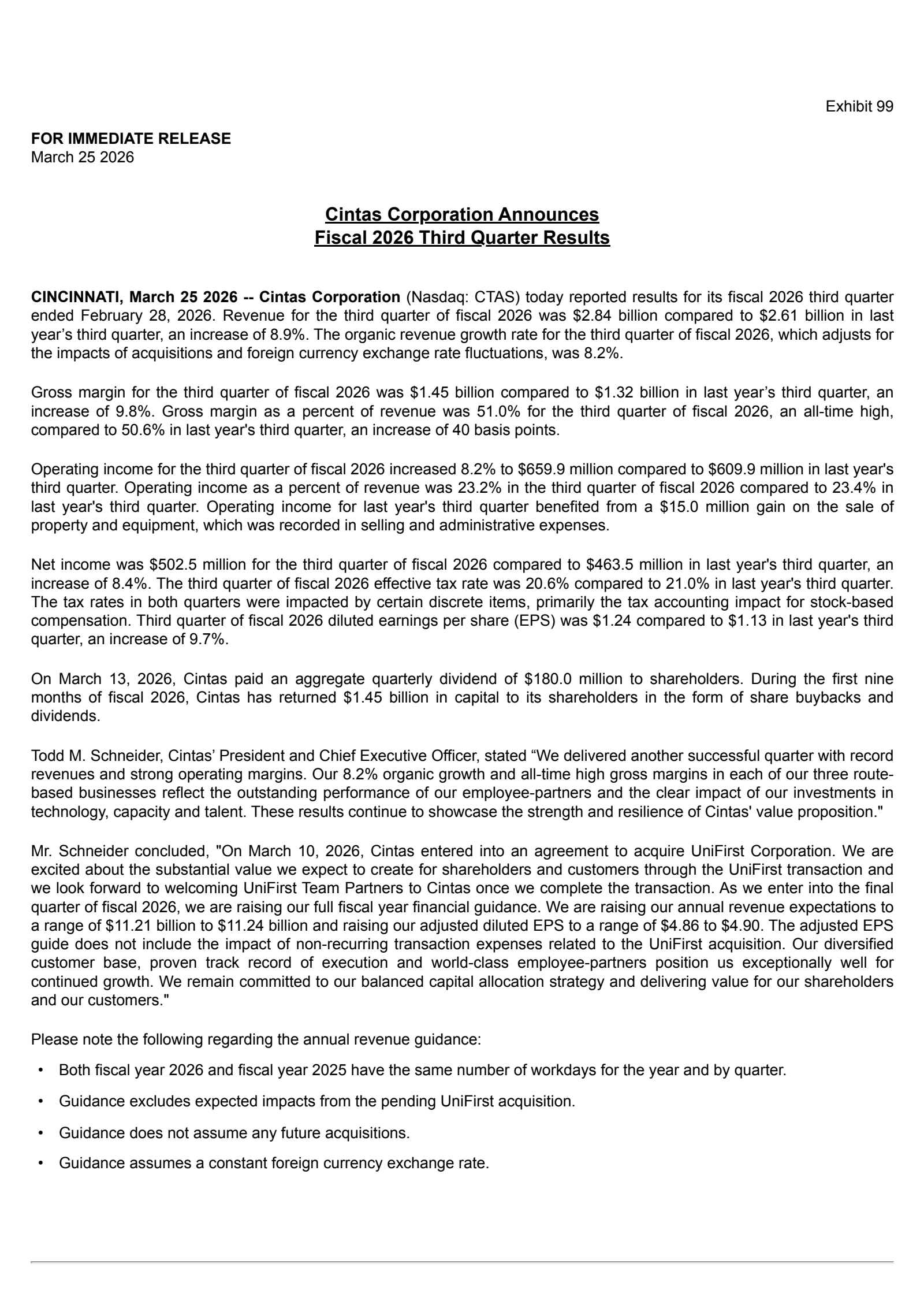 Cintas' Q3 2026 Press Release