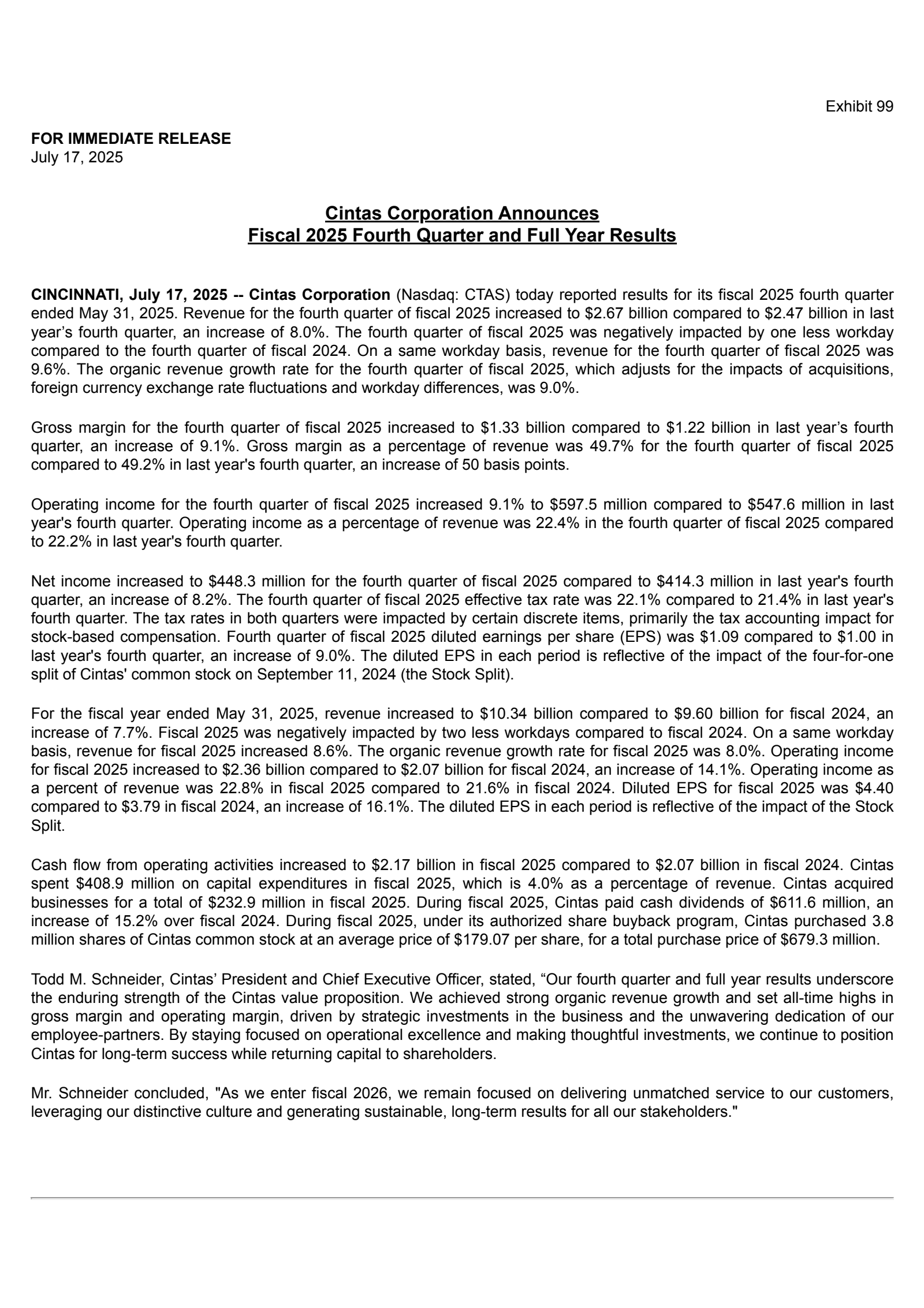 Cintas' Q4 2025 Press Release