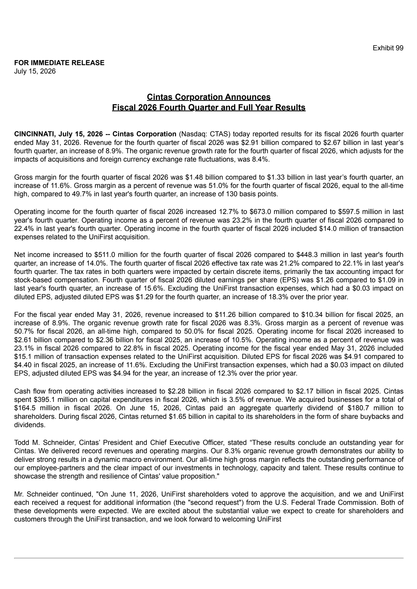 Cintas' Q4 2026 Press Release
