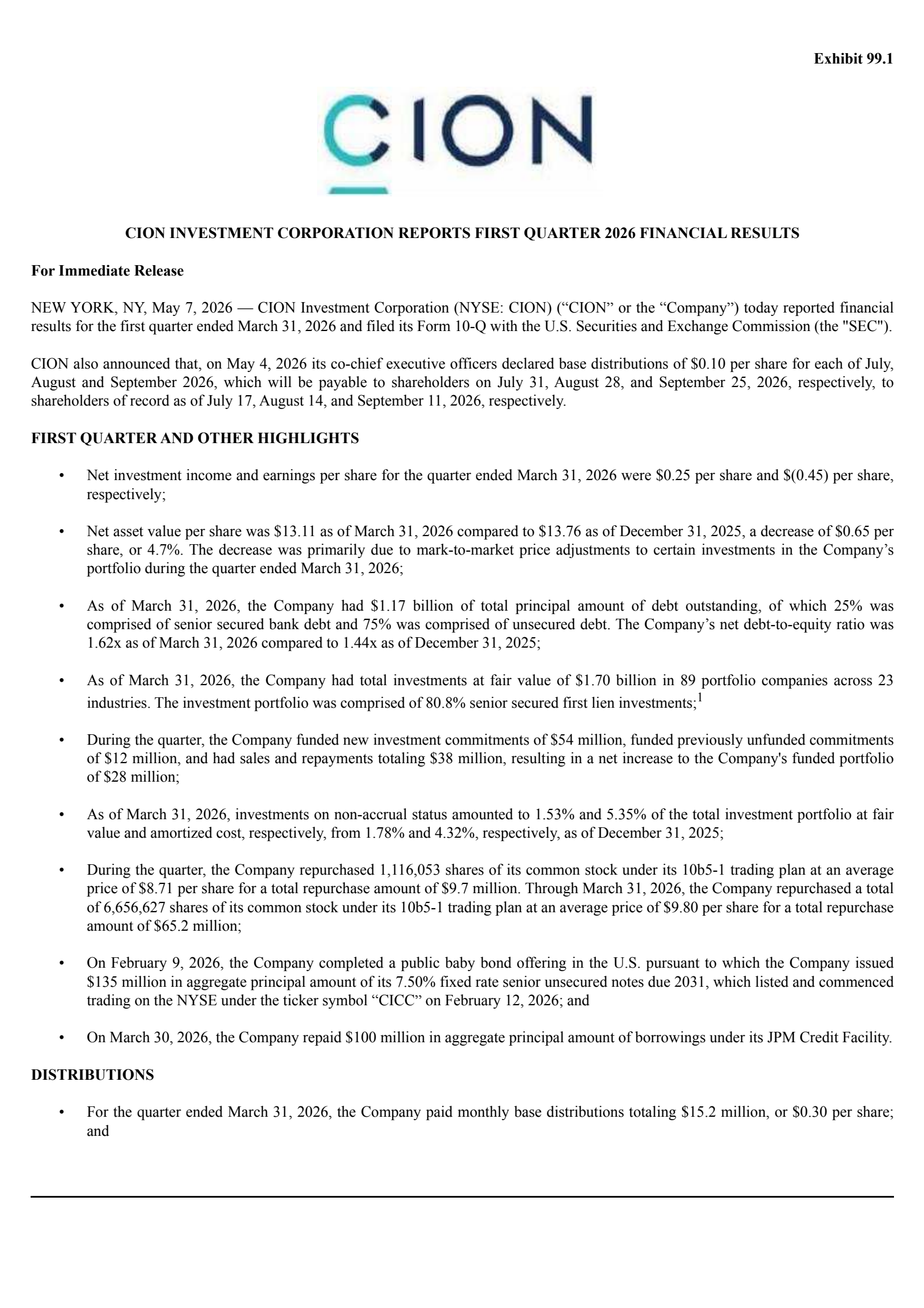 CION Investment's Q1 2026 Press Release