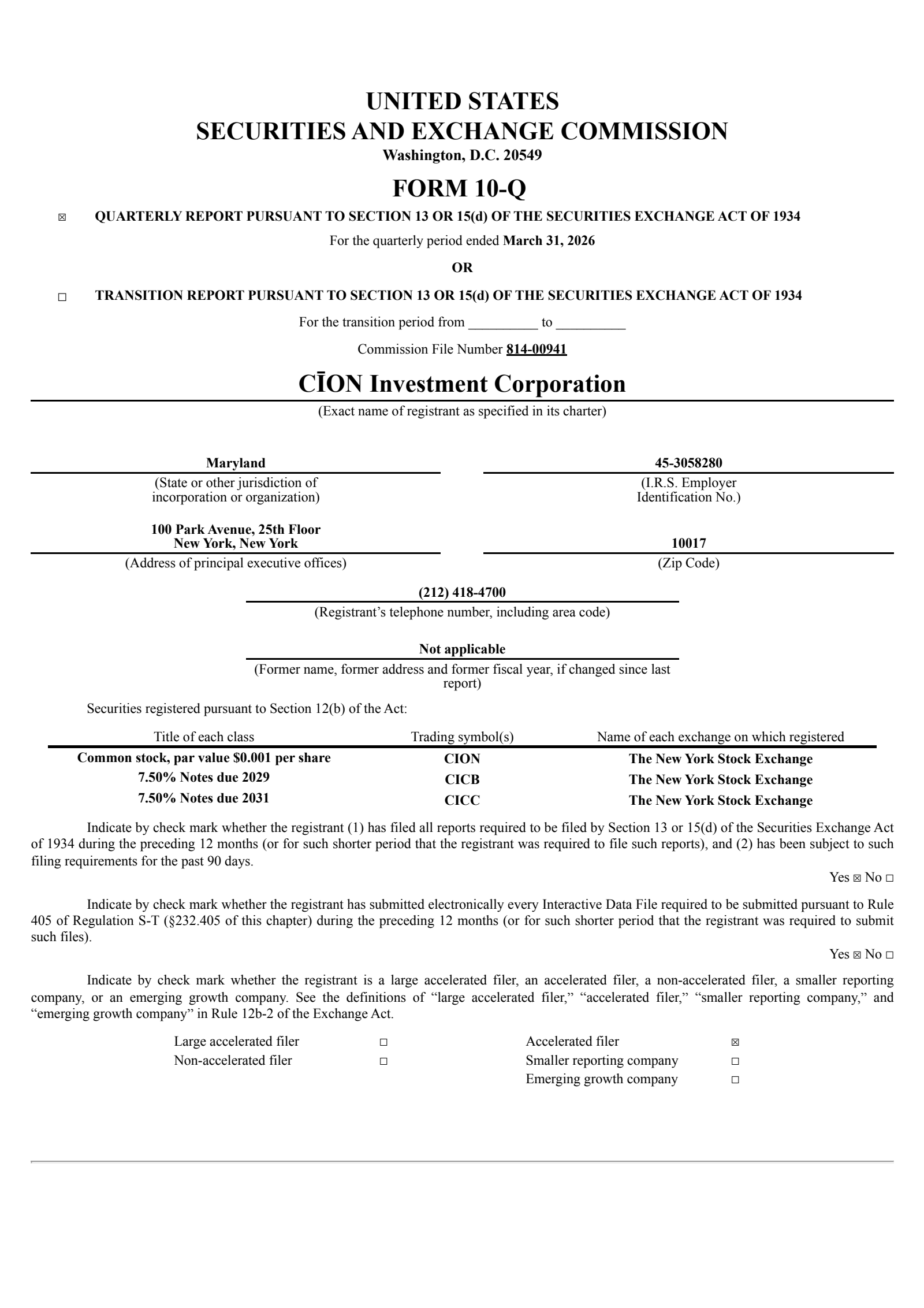 CION Investment's Q1 2026 Quarterly report