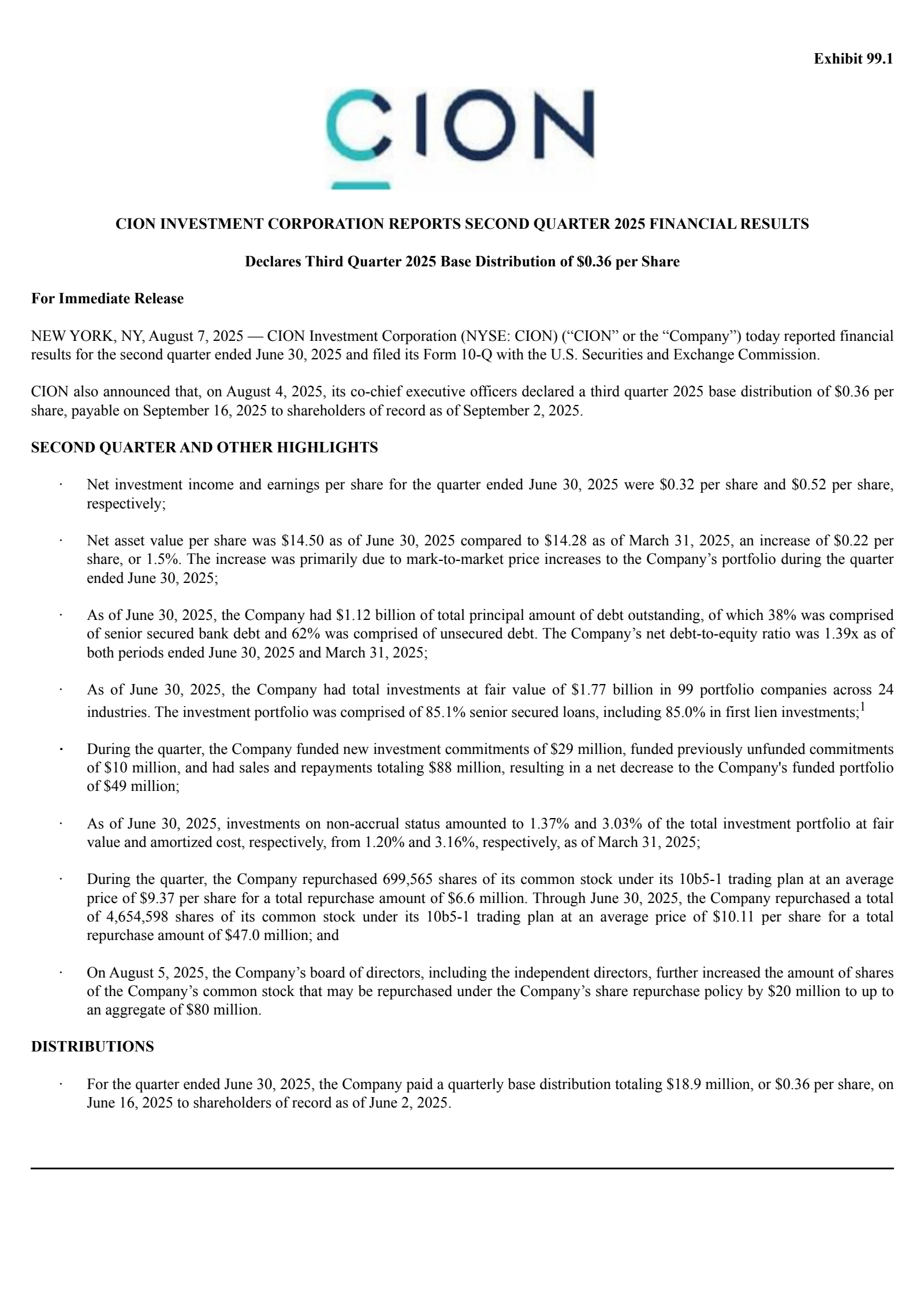 CION Investment's Q2 2025 Press Release