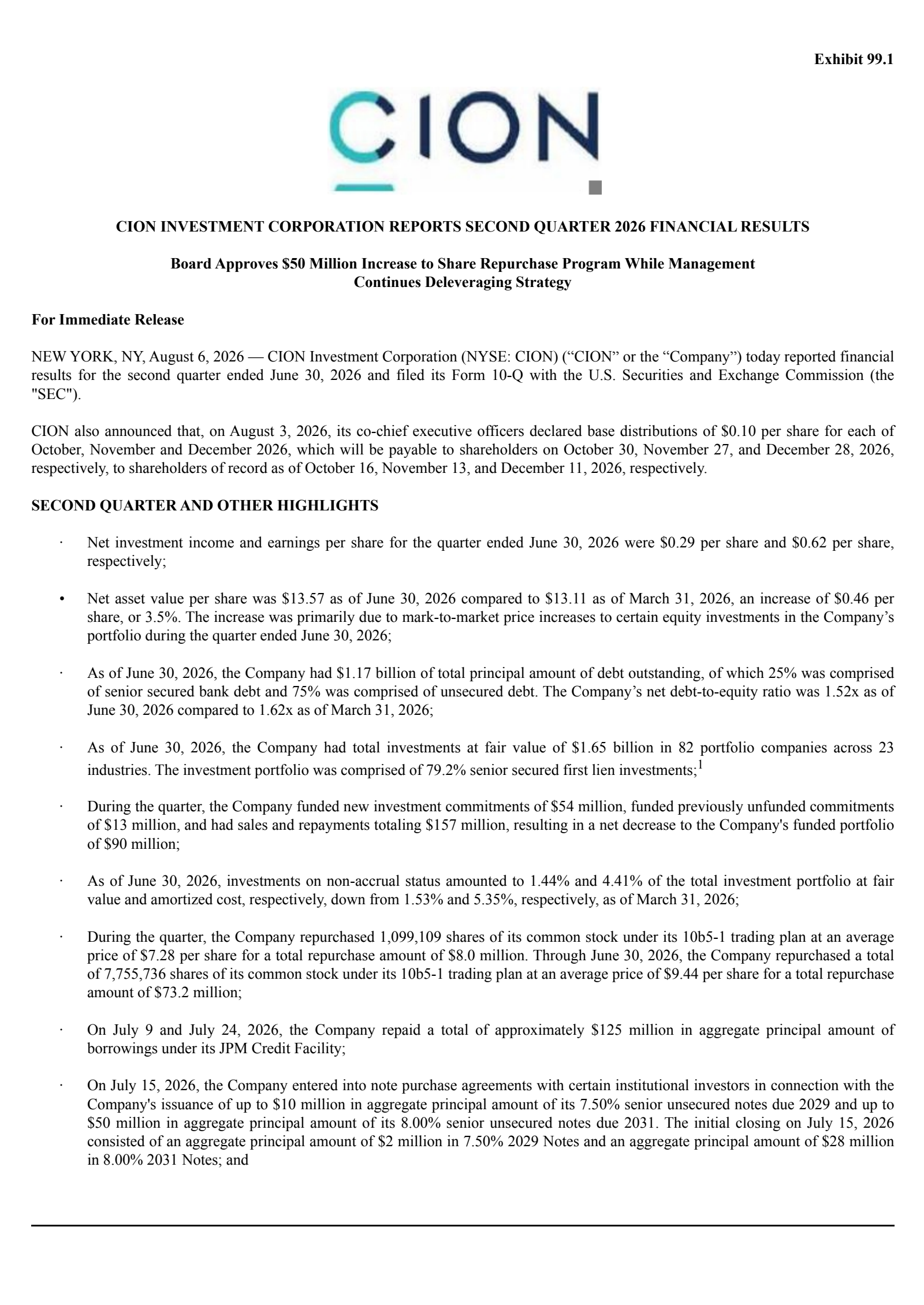 CION Investment's Q2 2026 Press Release