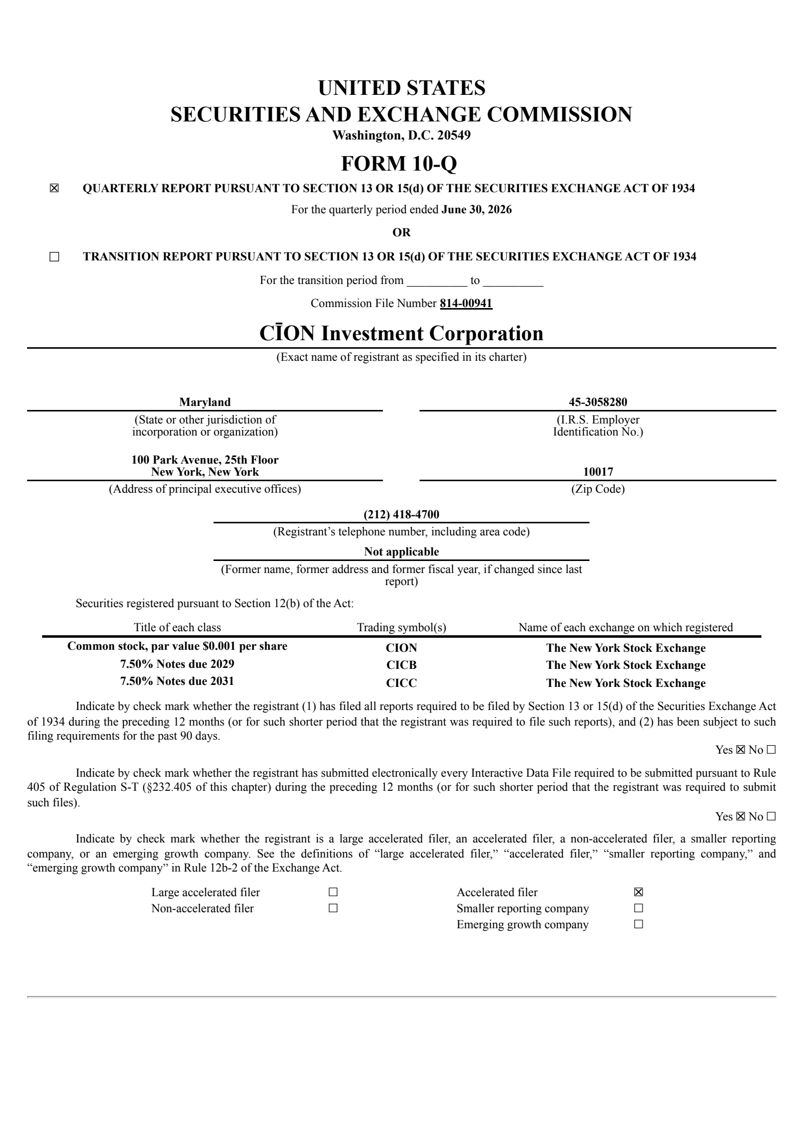 CION Investment's Q2 2026 Quarterly report