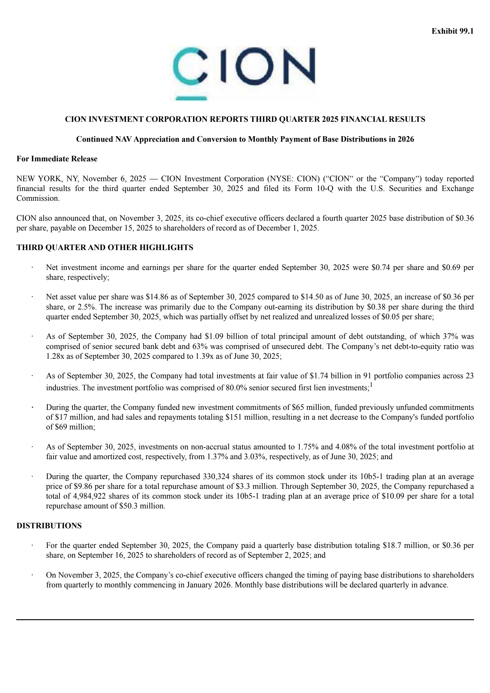 CION Q3 2025 Earnings Report on 11/6/2025