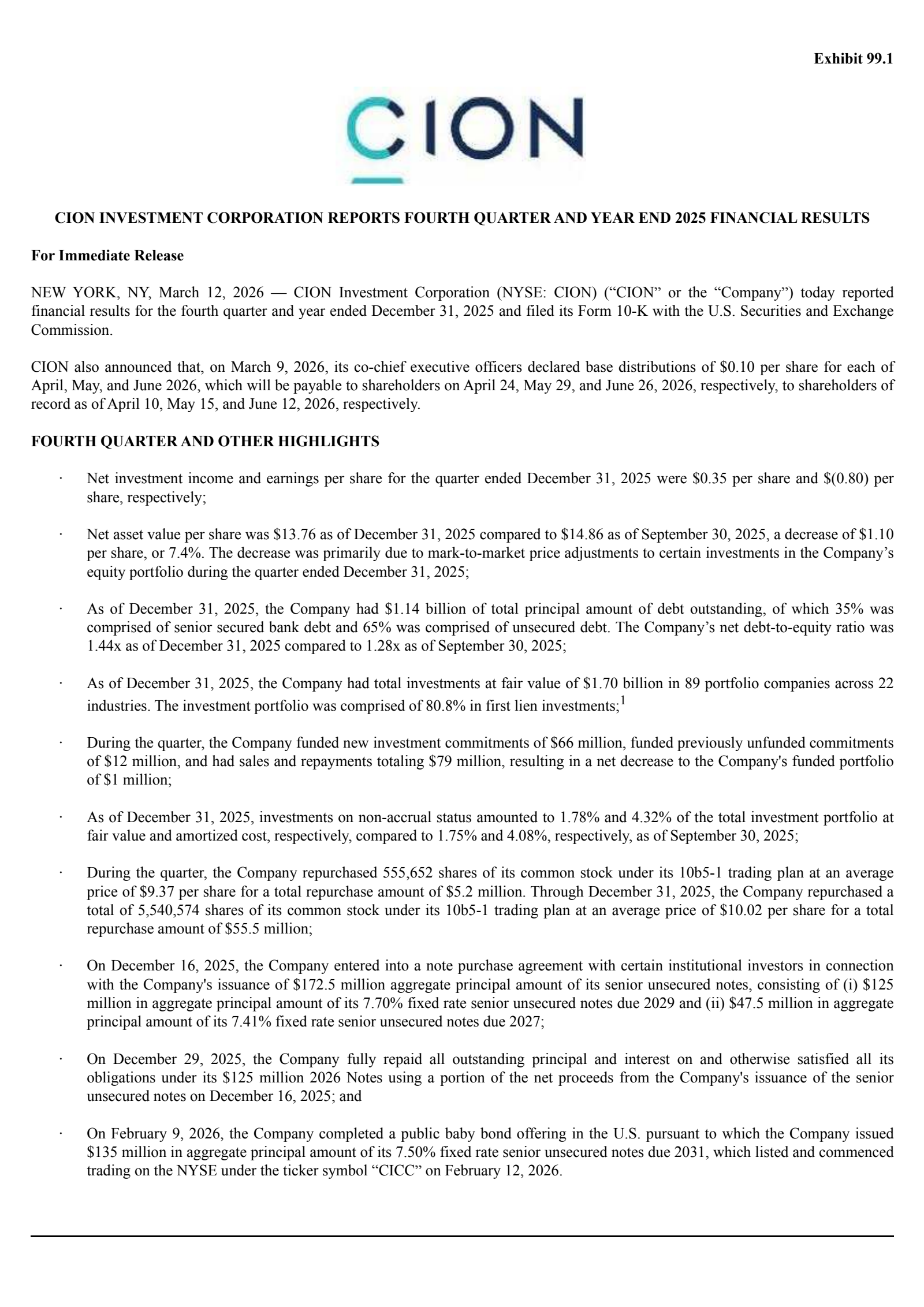 CION Investment's Q4 2025 Press Release