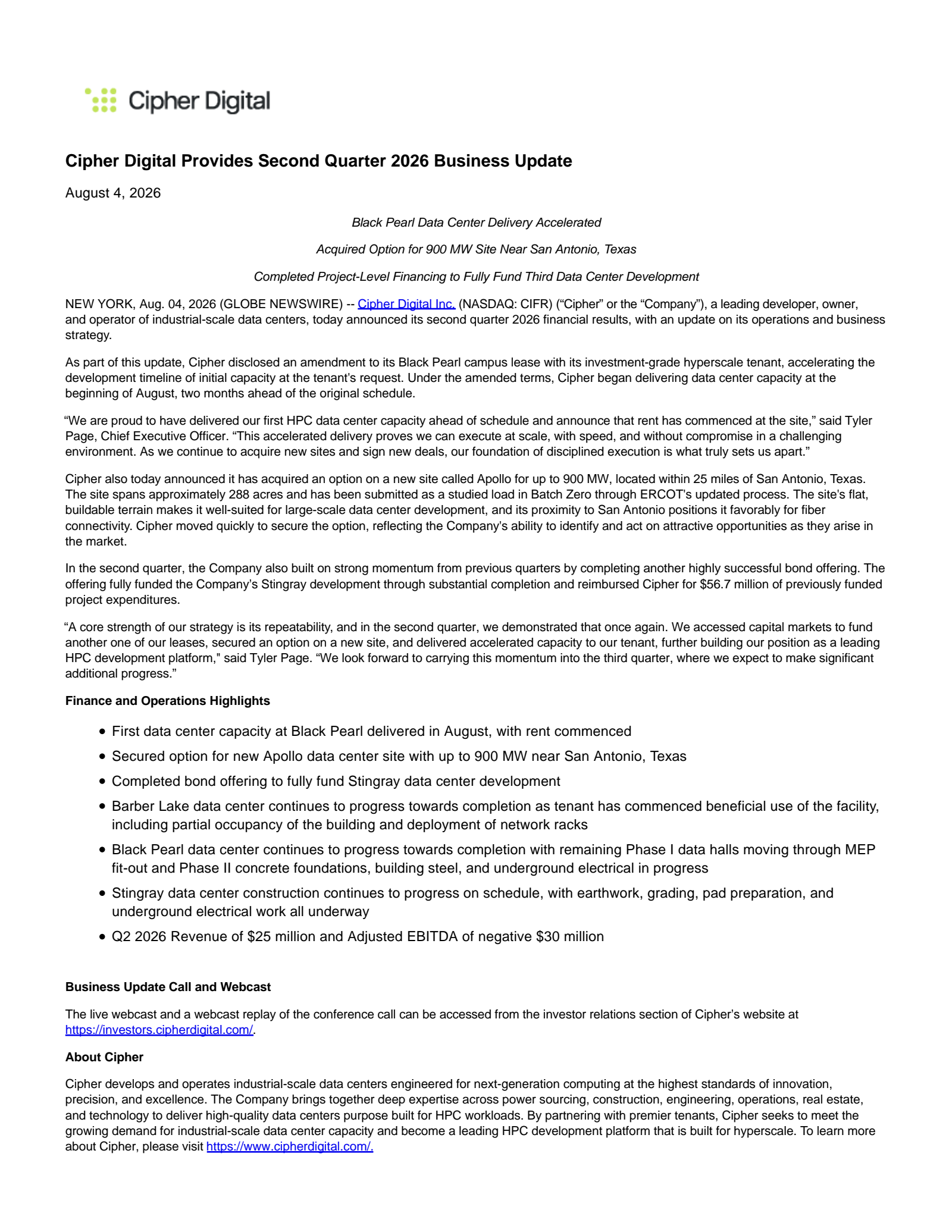 Cipher Mining's Q2 2026 Press Release