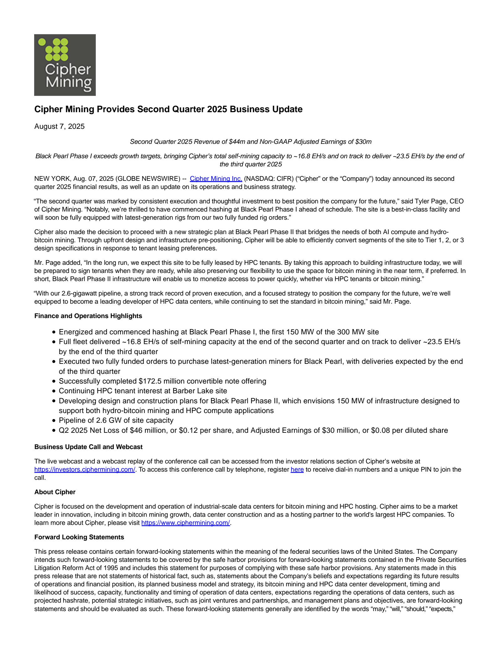 Cipher Mining's Q2 2025 Press Release