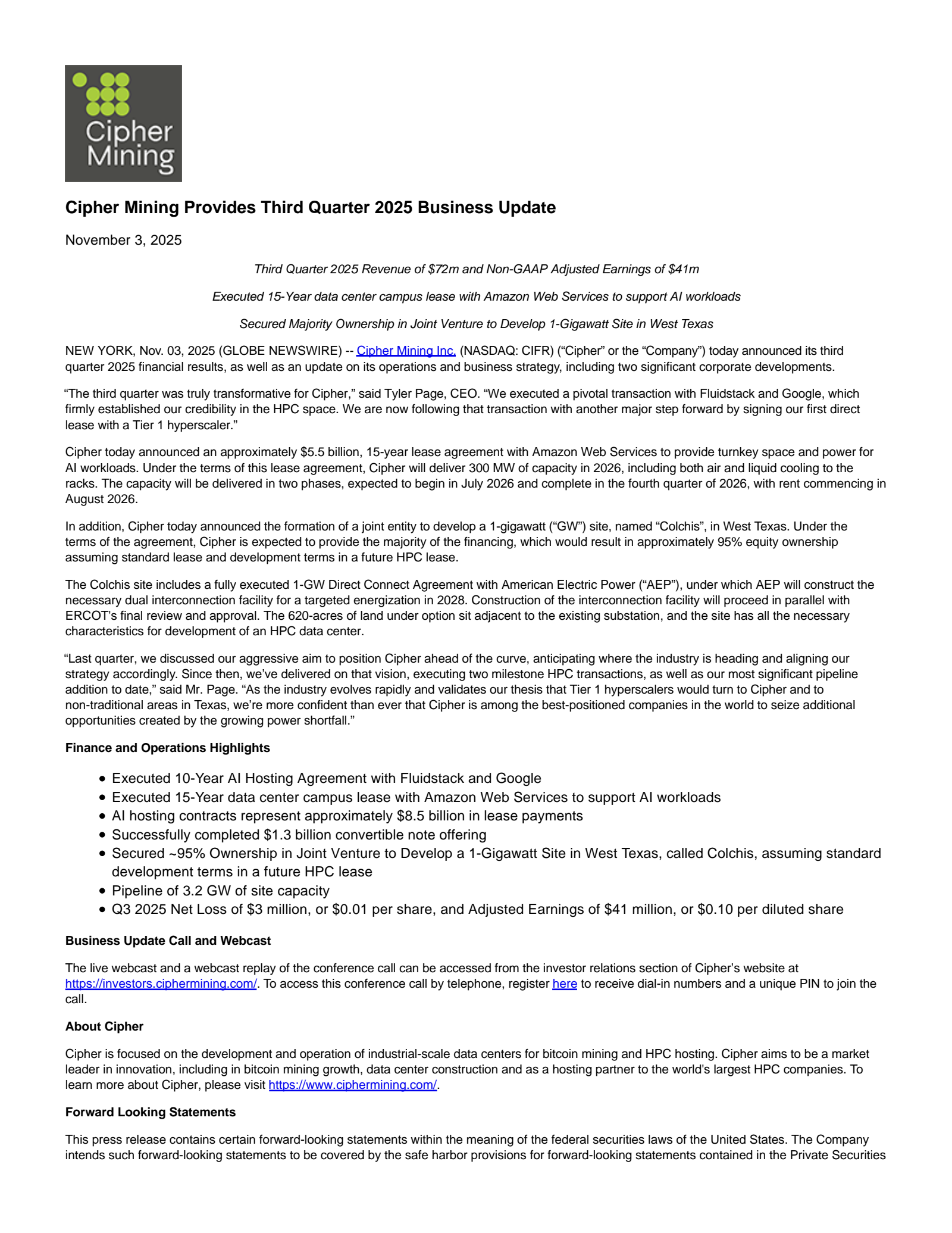 CIFR Q3 2025 Earnings Report on 11/3/2025