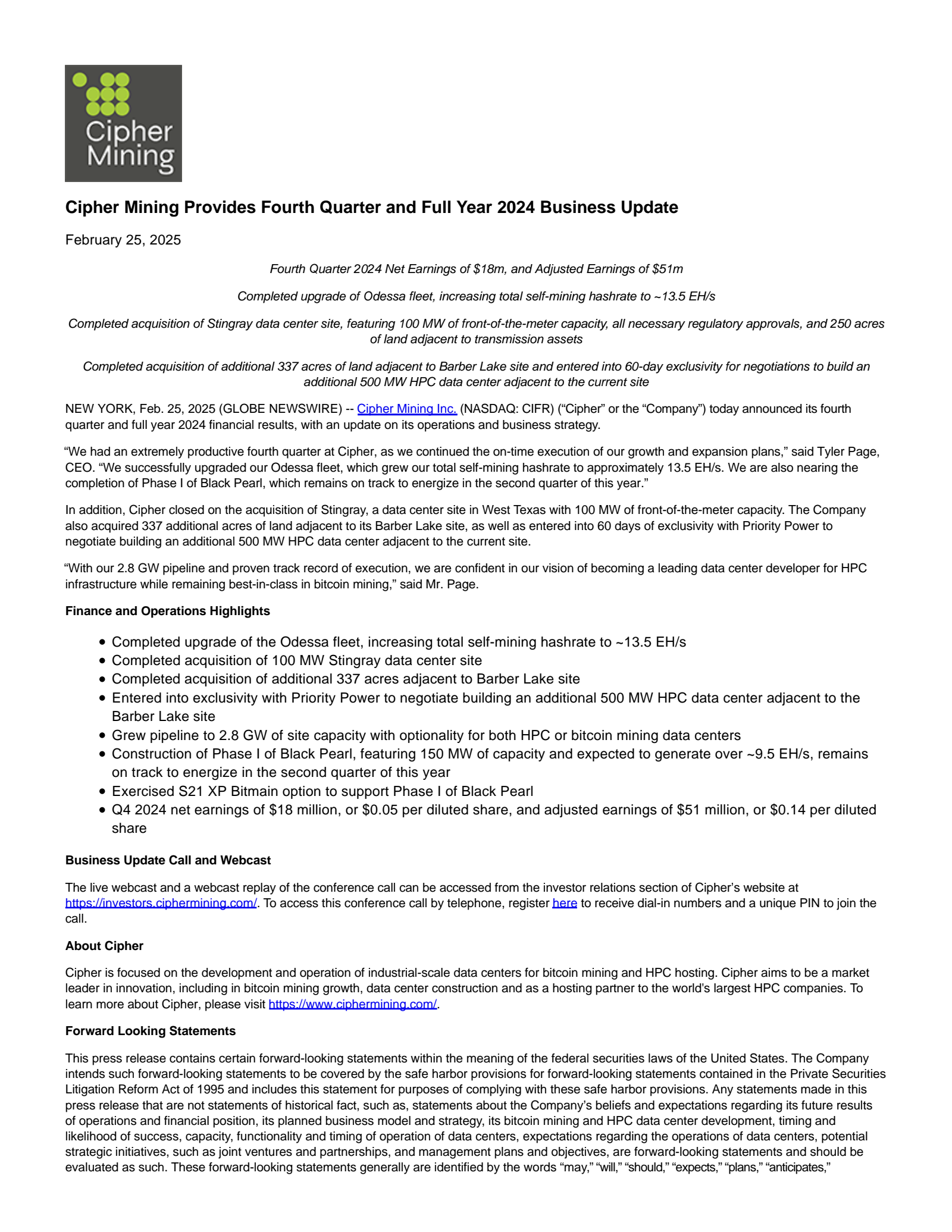 Cipher Mining's Q4 2024 Press Release