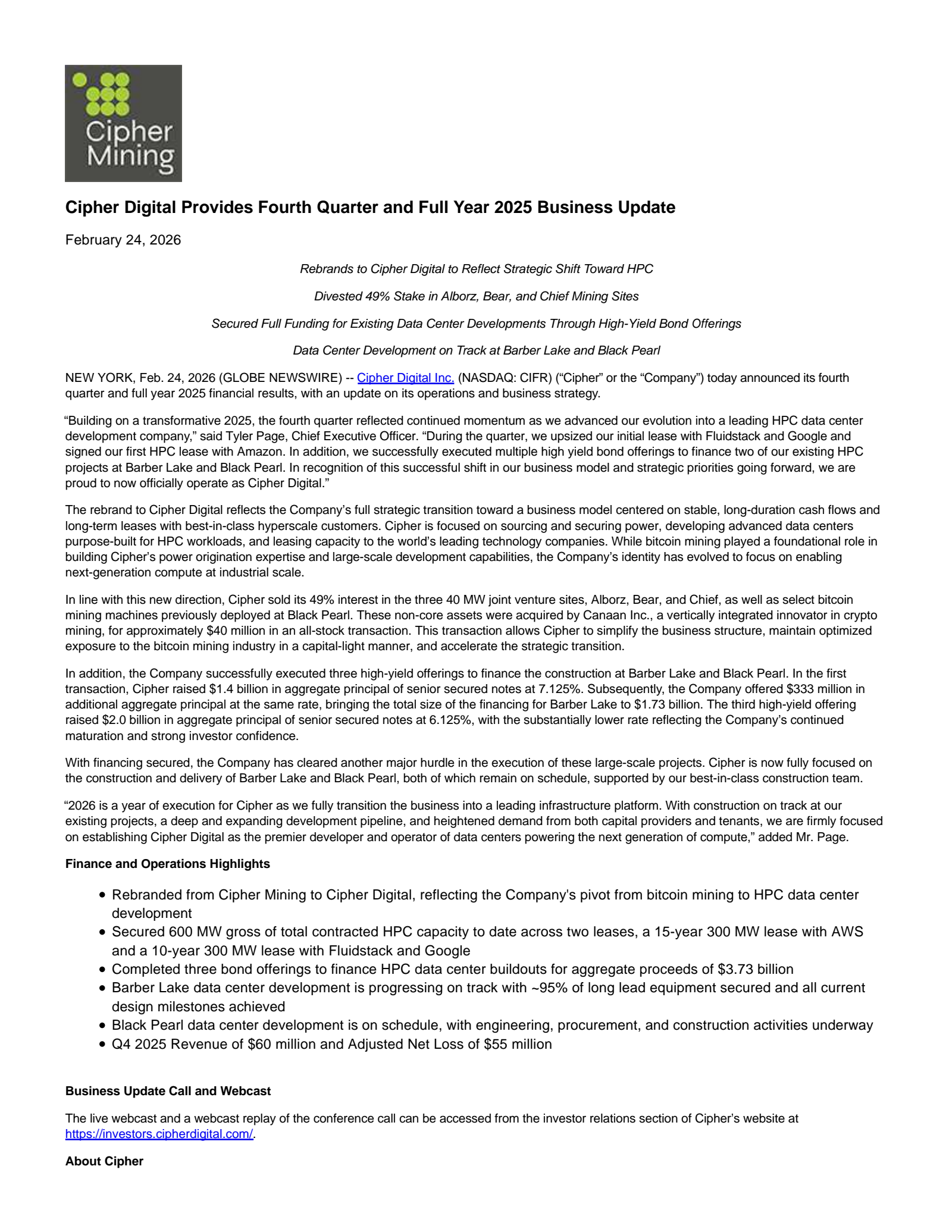 CIFR Q4 2025 Earnings Report on 2/24/2026