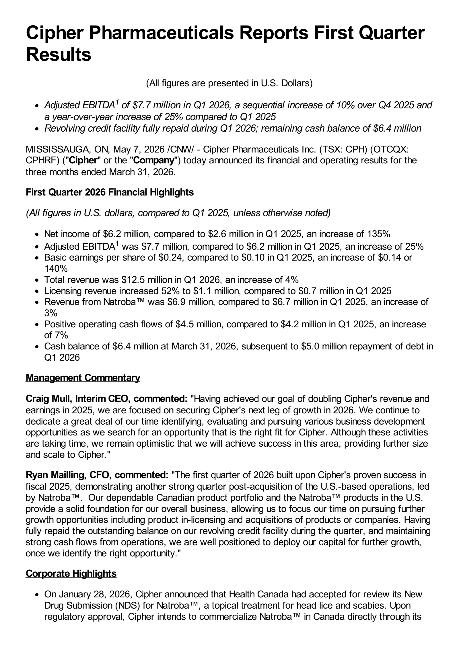 Cipher Pharmaceuticals' Q1 2026 Press Release