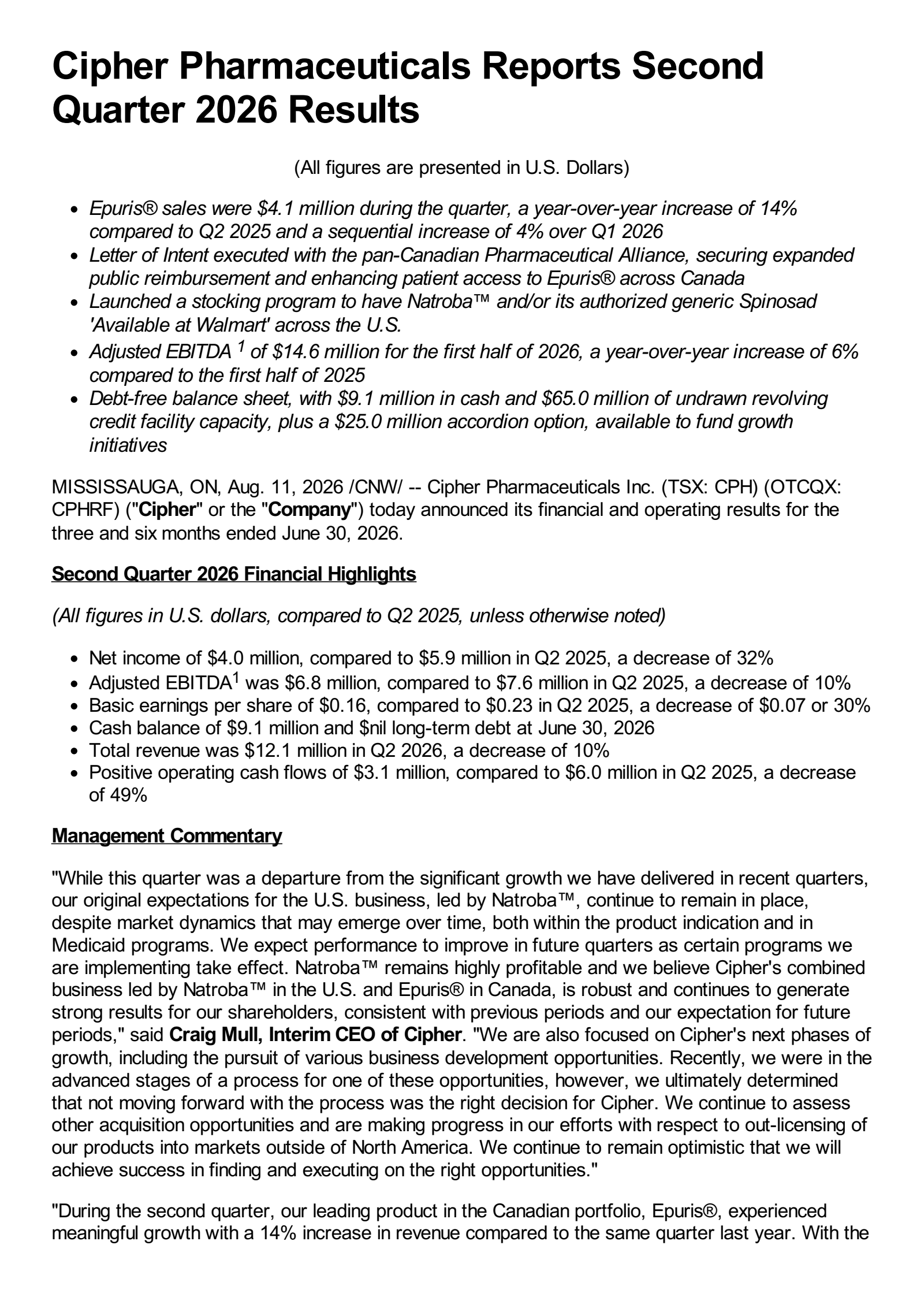 Cipher Pharmaceuticals' Q2 2026 Press Release